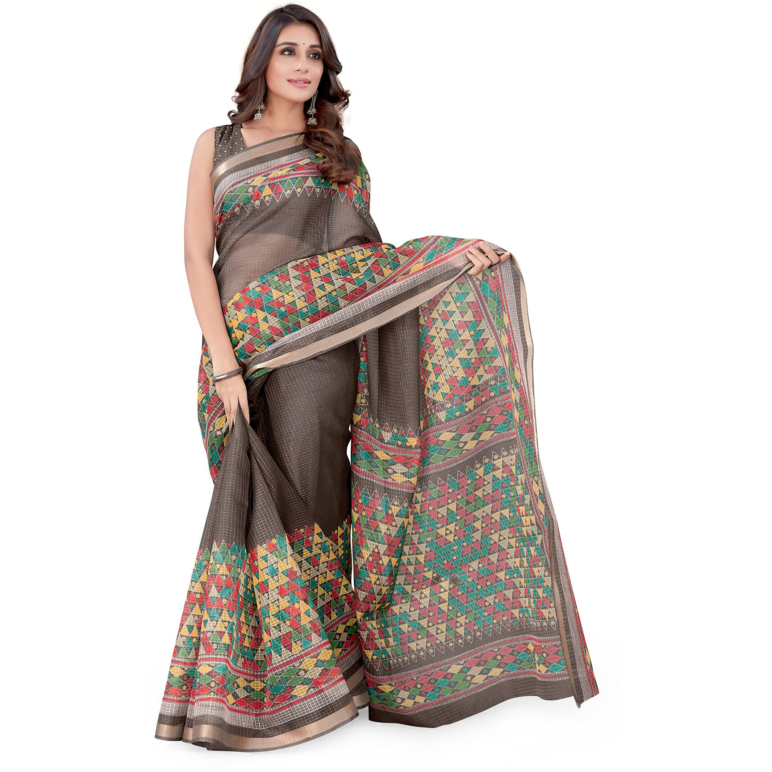 MIRCHI FASHION Womens Kota Doria Kota Doria Checks Woven Geometric Printed Saree with Blouse Piece (38546-Brown, Yellow, Red)