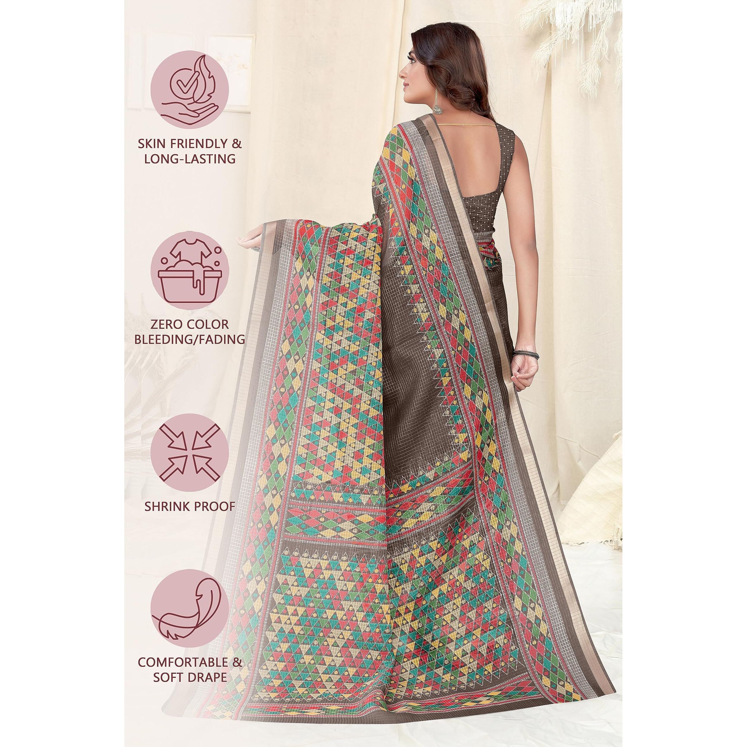 MIRCHI FASHION Womens Kota Doria Kota Doria Checks Woven Geometric Printed Saree with Blouse Piece (38546-Brown, Yellow, Red)