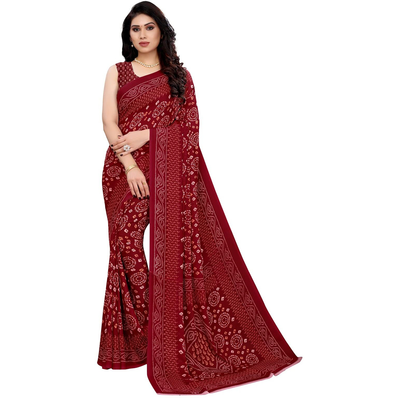 SIRIL Womens Georgette Bandhani Printed Saree with Blouse(2041S573_Maroon)
