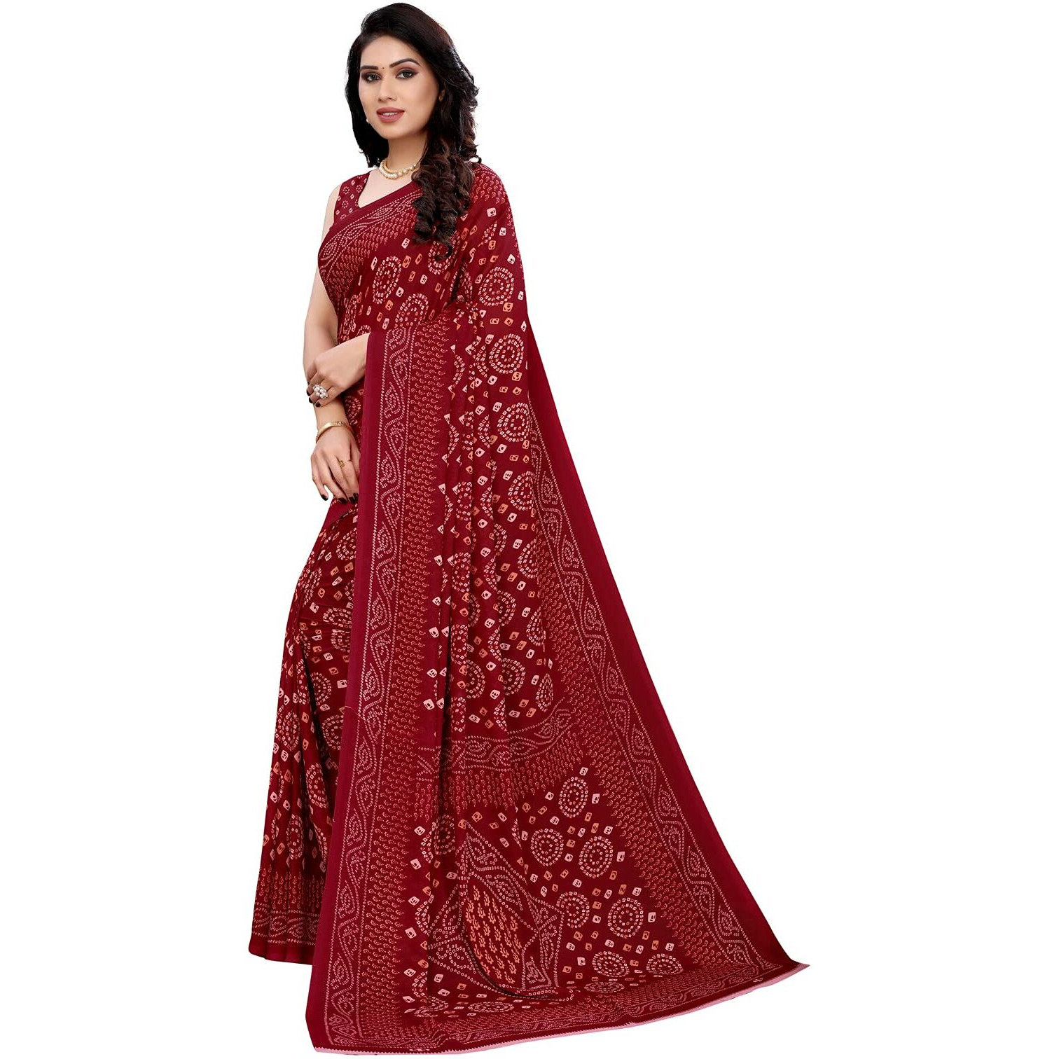 SIRIL Womens Georgette Bandhani Printed Saree with Blouse(2041S573_Maroon)