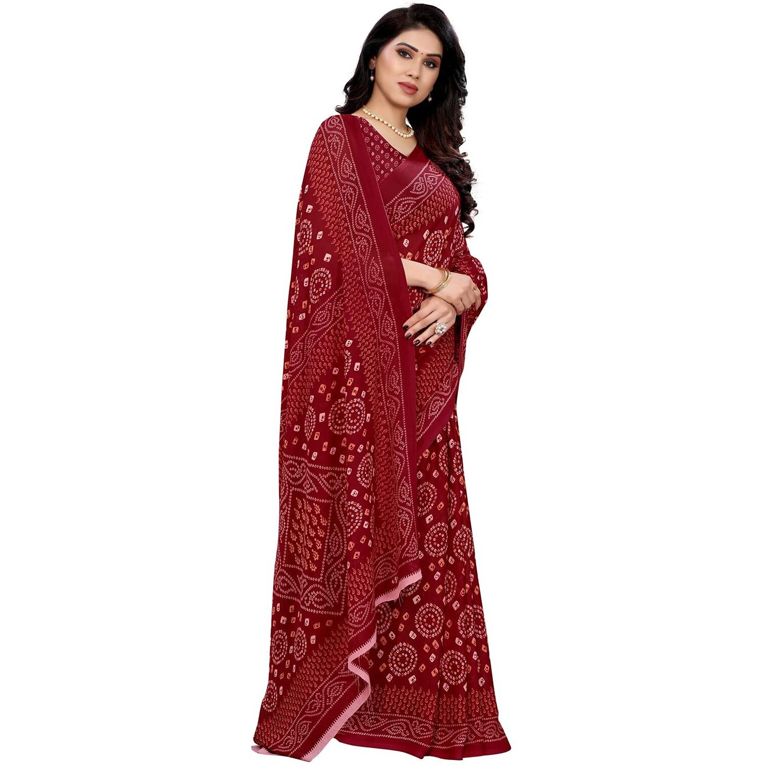 SIRIL Womens Georgette Bandhani Printed Saree with Blouse(2041S573_Maroon)