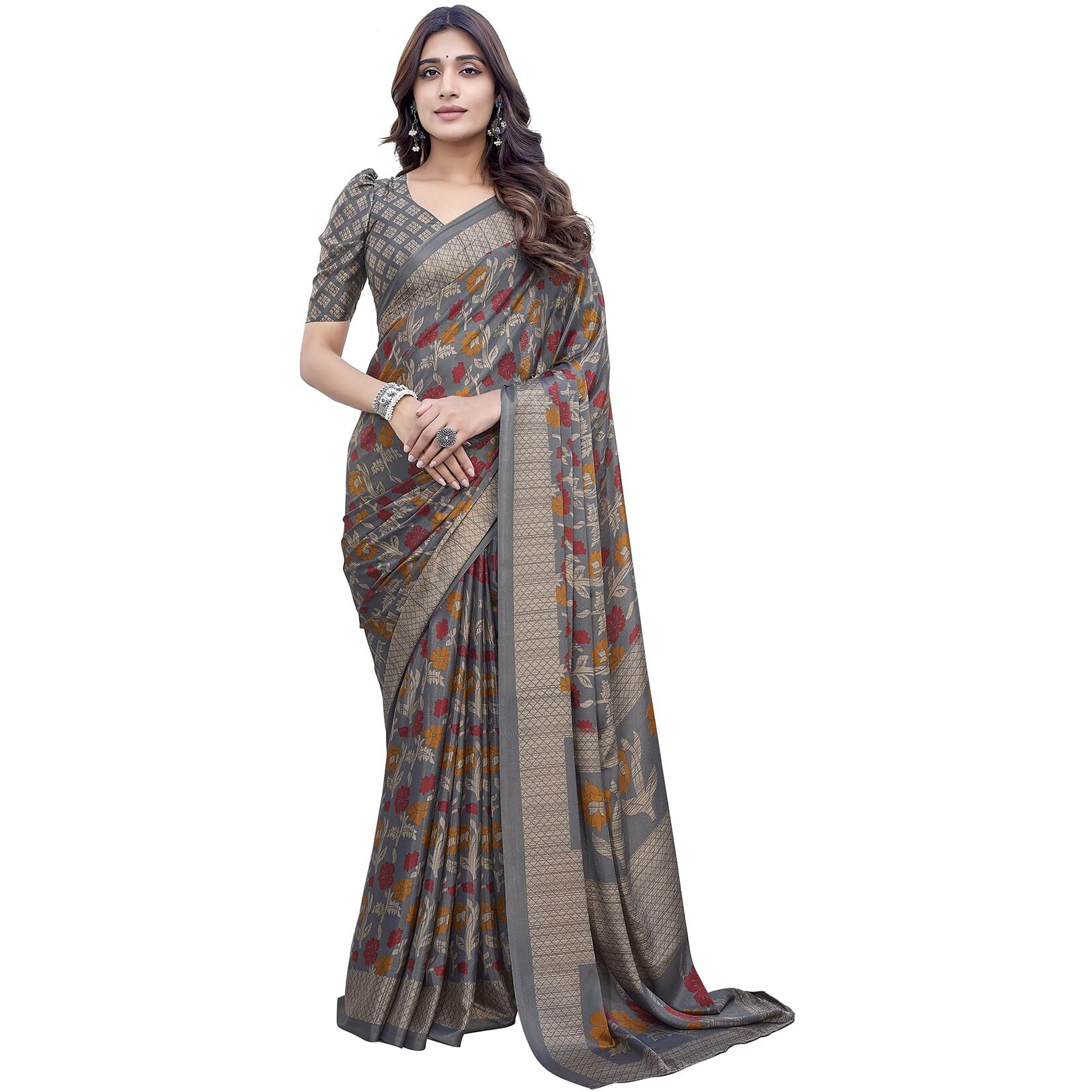 Yashika Elegant Chiffon Saree Set with Blouse - Embrace Trendy Style Perfectly crafted for modern women (AZ-YS-P1-NEELA GREY)