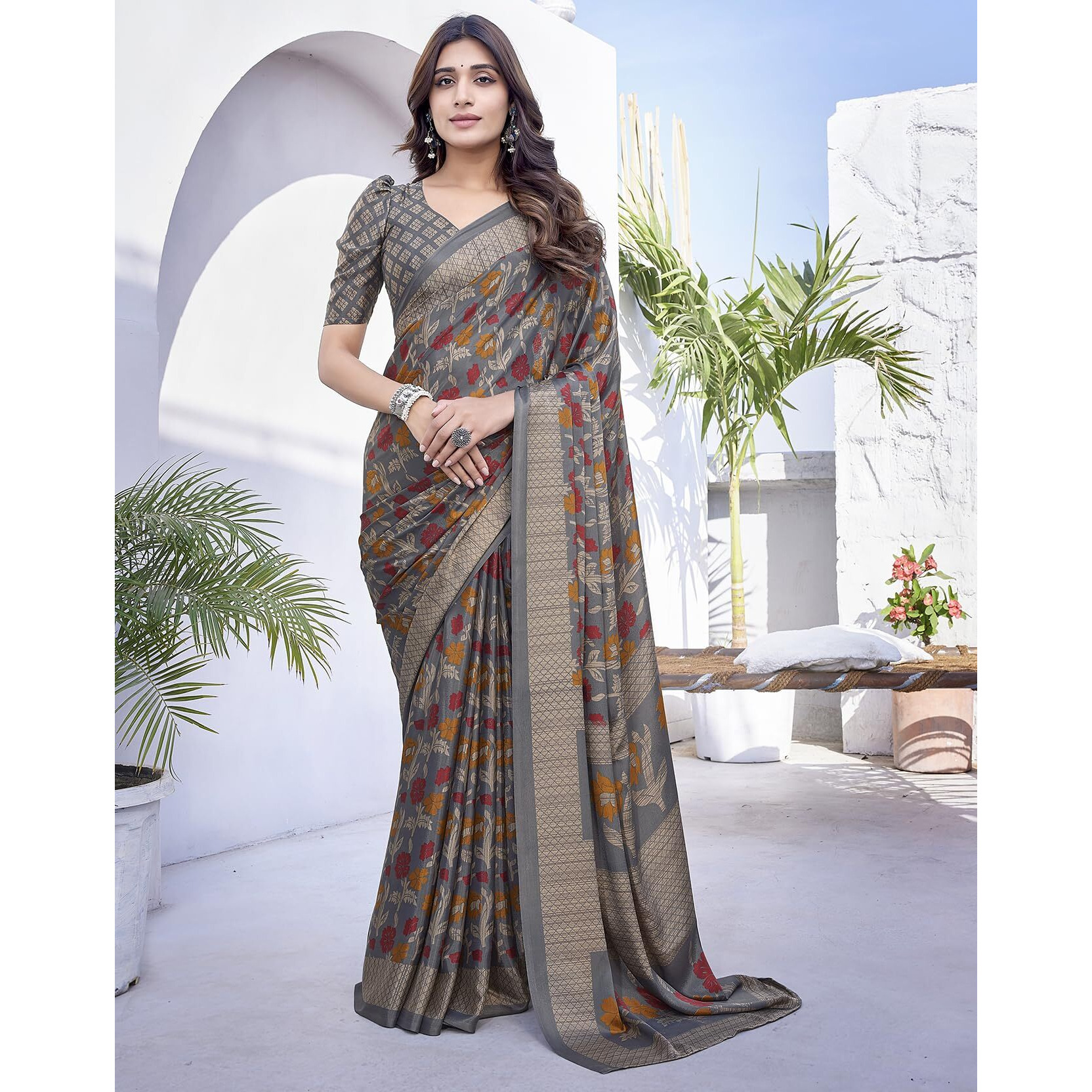 Yashika Elegant Chiffon Saree Set with Blouse - Embrace Trendy Style Perfectly crafted for modern women (AZ-YS-P1-NEELA GREY)