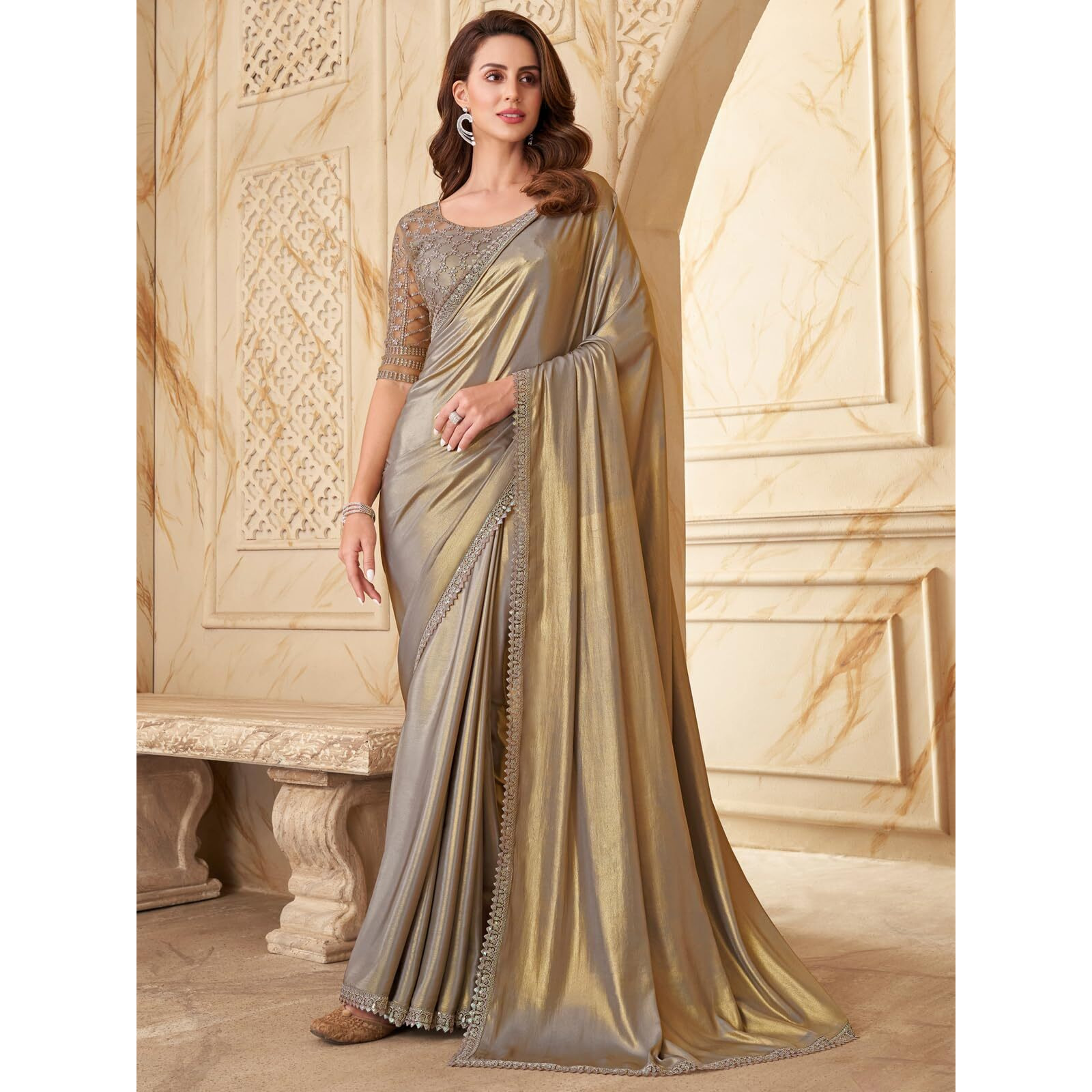 SIRIL Womens Gota Silk, Lace Gota Silk Saree with Unstitched Blouse(2992S2681_Grey)
