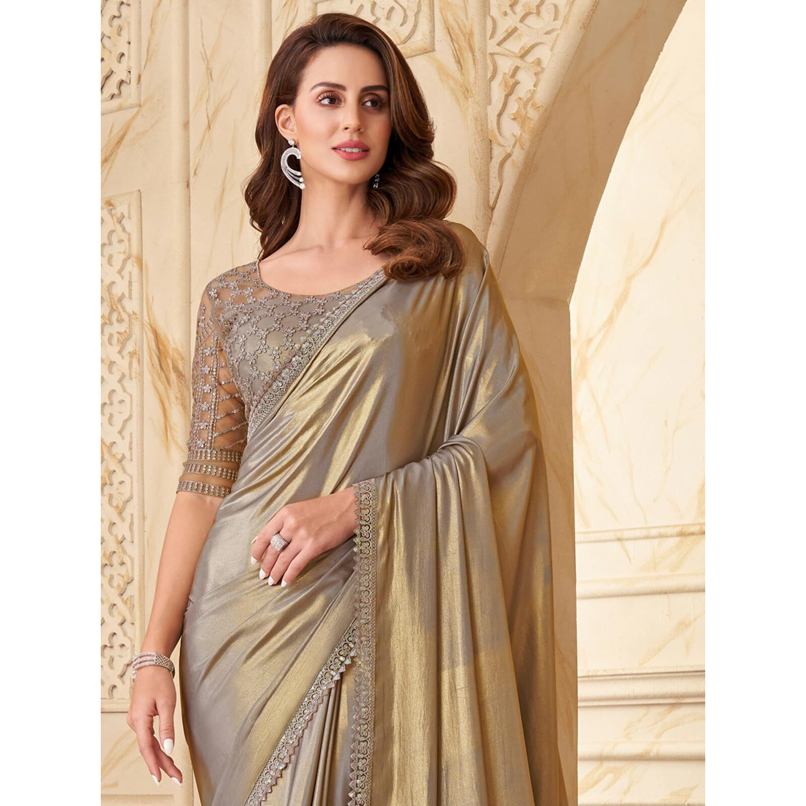 SIRIL Womens Gota Silk, Lace Gota Silk Saree with Unstitched Blouse(2992S2681_Grey)