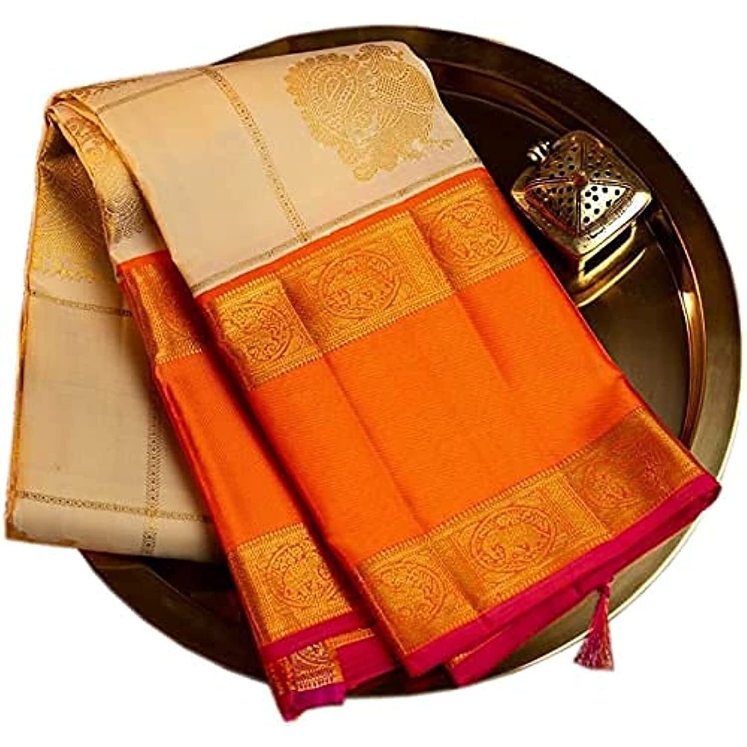 SGF11- Womens Kanjivaram Soft Lichi Silk Saree With Blouse Piece (White Orange)