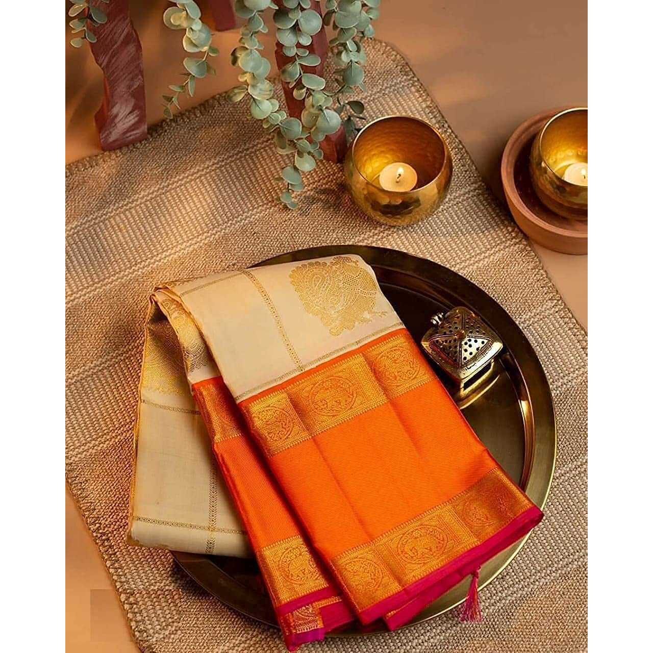 SGF11- Womens Kanjivaram Soft Lichi Silk Saree With Blouse Piece (White Orange)