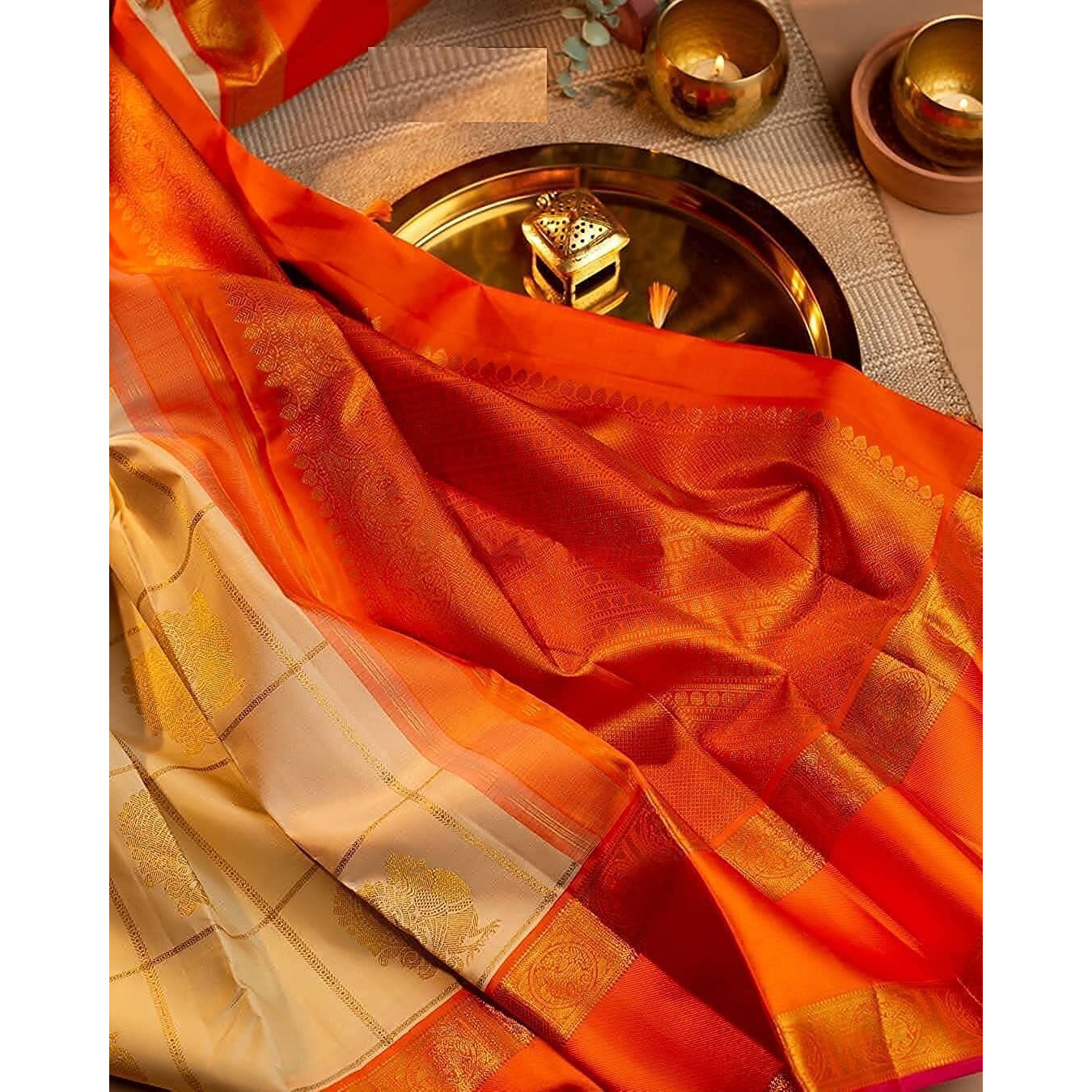 SGF11- Womens Kanjivaram Soft Lichi Silk Saree With Blouse Piece (White Orange)