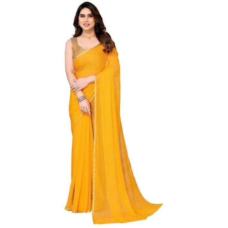 SIRIL Womens Mukaish Work Chiffon Saree with Unstitched Blouse Piece (3244S374_Yellow)