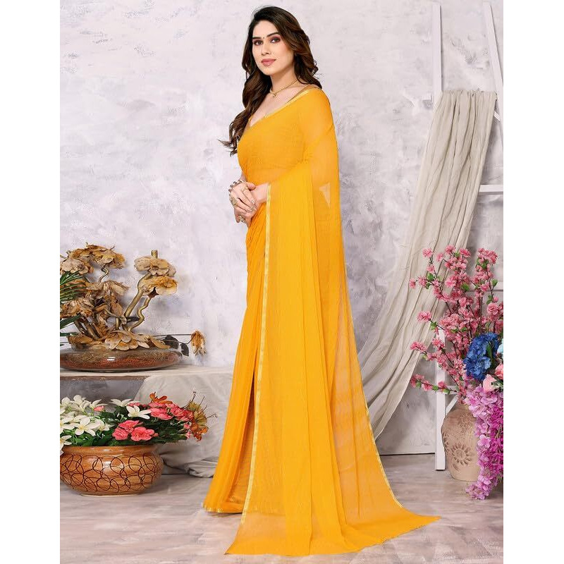 SIRIL Womens Mukaish Work Chiffon Saree with Unstitched Blouse Piece (3244S374_Yellow)