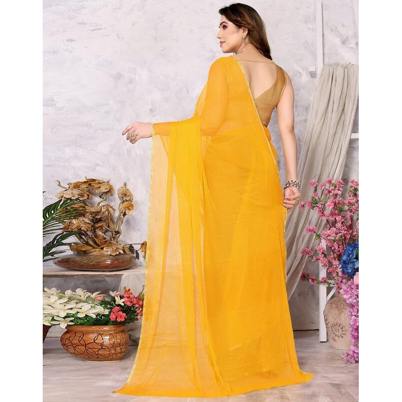 SIRIL Womens Mukaish Work Chiffon Saree with Unstitched Blouse Piece (3244S374_Yellow)