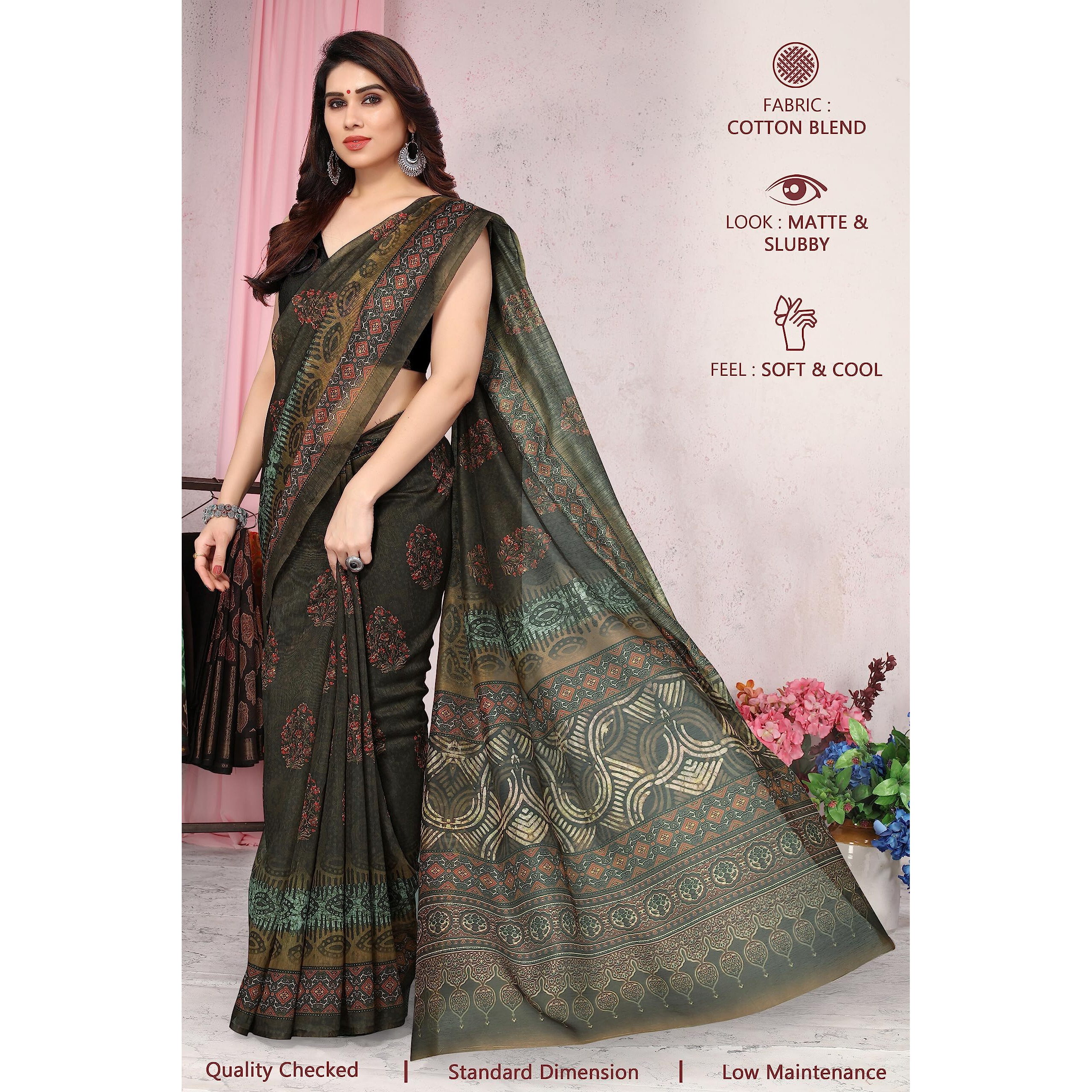 MIRCHI FASHION Womens Plain Weave Cotton Blend Ajrak Digital Printed Saree with Blouse Piece (37682-Coffee, Red, Multi)