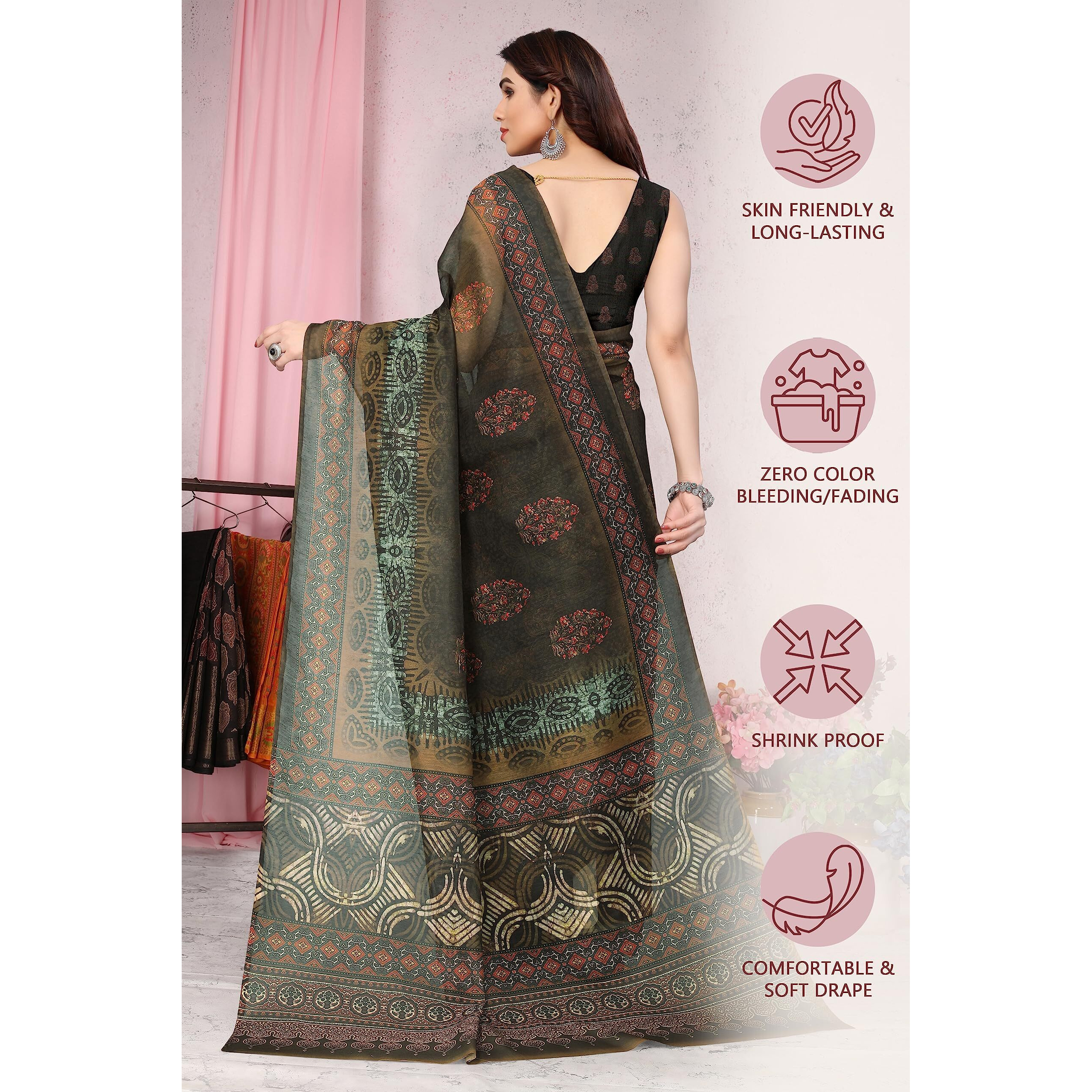 MIRCHI FASHION Womens Plain Weave Cotton Blend Ajrak Digital Printed Saree with Blouse Piece (37682-Coffee, Red, Multi)