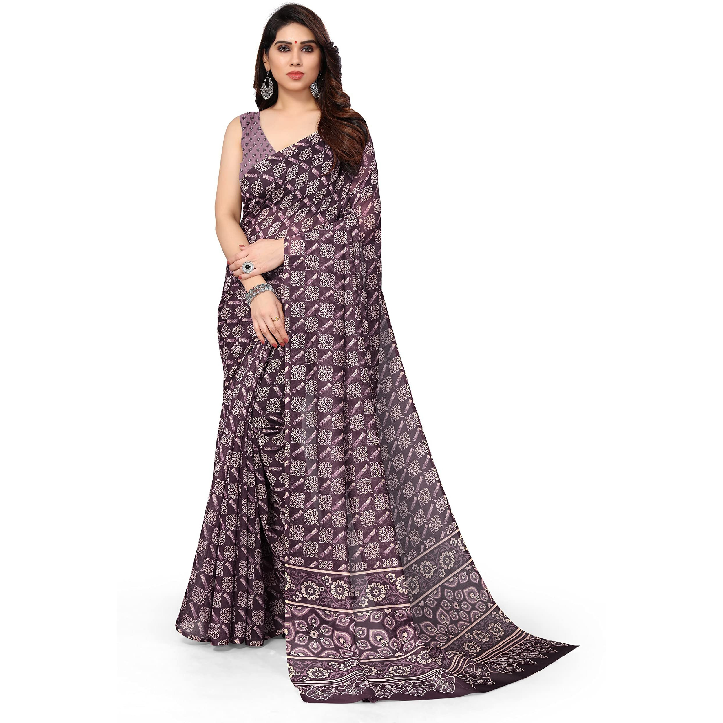 MIRCHI FASHION Womens Plain Weave Cotton Blend Kalamkari Digital Printed Saree with Blouse Piece (37689-Wine, Cream)