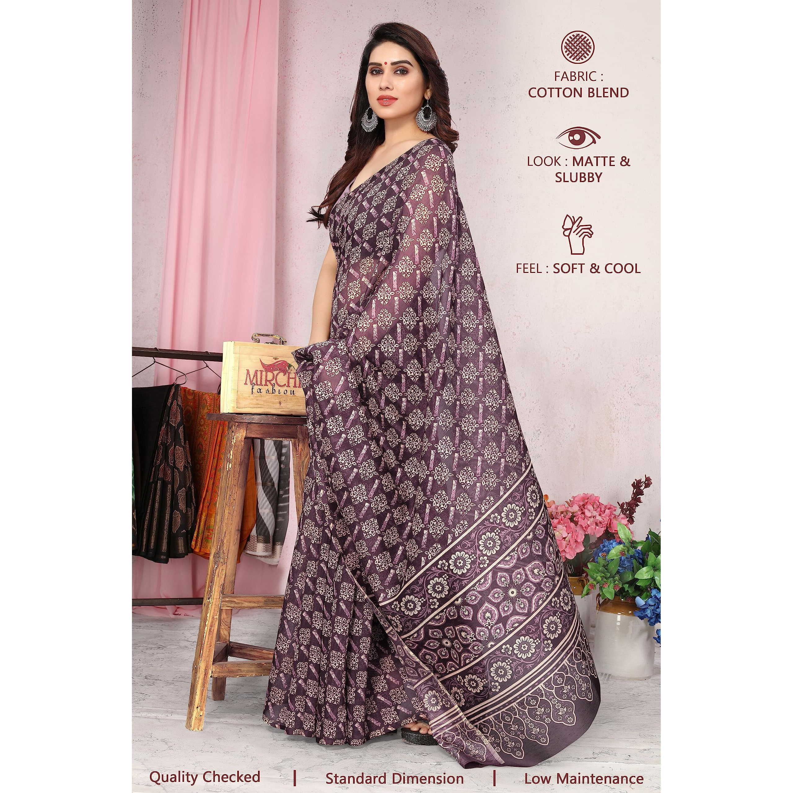 MIRCHI FASHION Womens Plain Weave Cotton Blend Kalamkari Digital Printed Saree with Blouse Piece (37689-Wine, Cream)