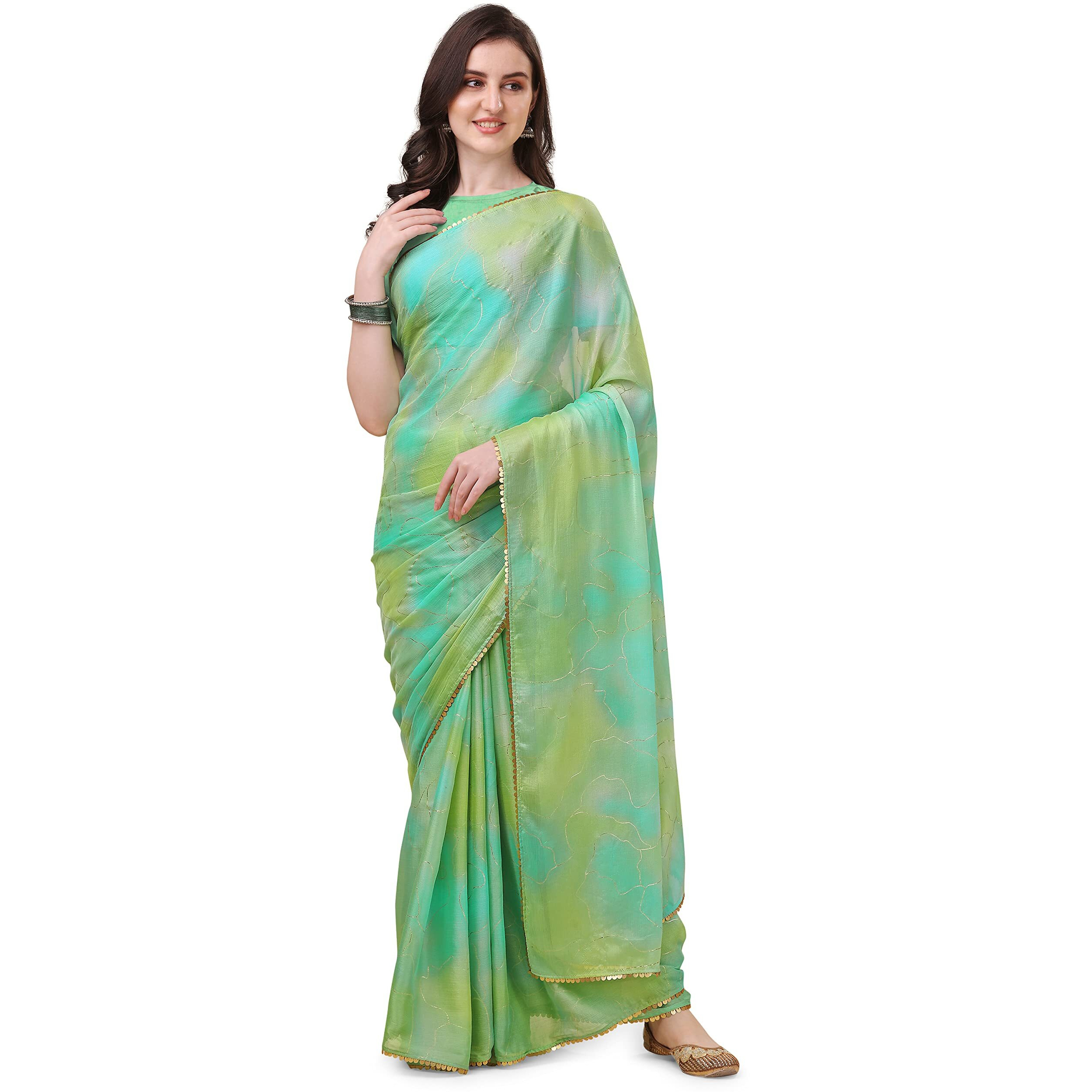 MIRCHI FASHION Womens Plain Weave Chiffon Colorblock Foil Printed Saree with Blouse Piece (37532-Light Green, Turquoise)