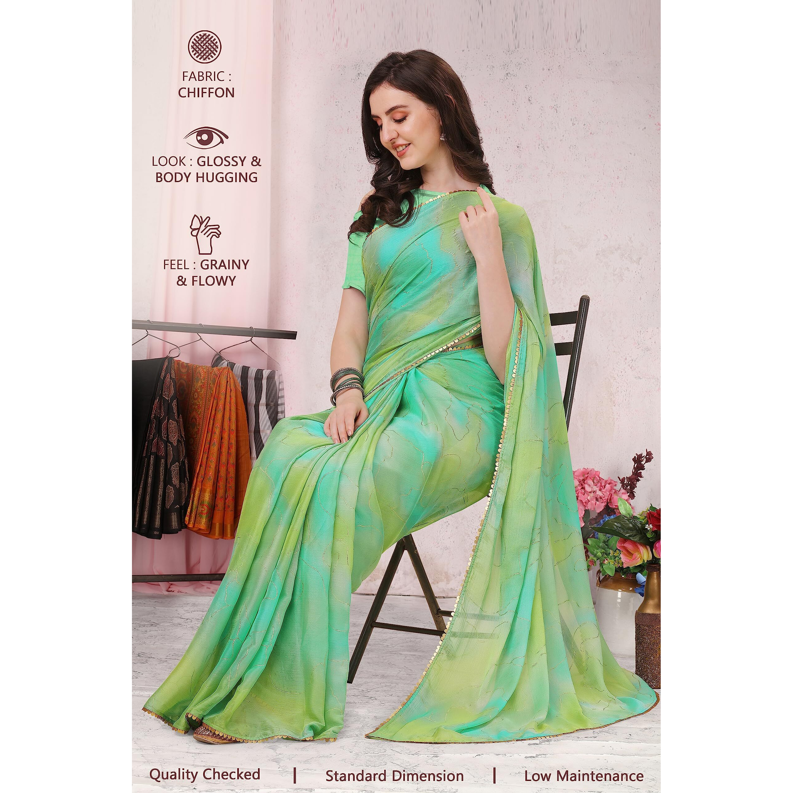 MIRCHI FASHION Womens Plain Weave Chiffon Colorblock Foil Printed Saree with Blouse Piece (37532-Light Green, Turquoise)
