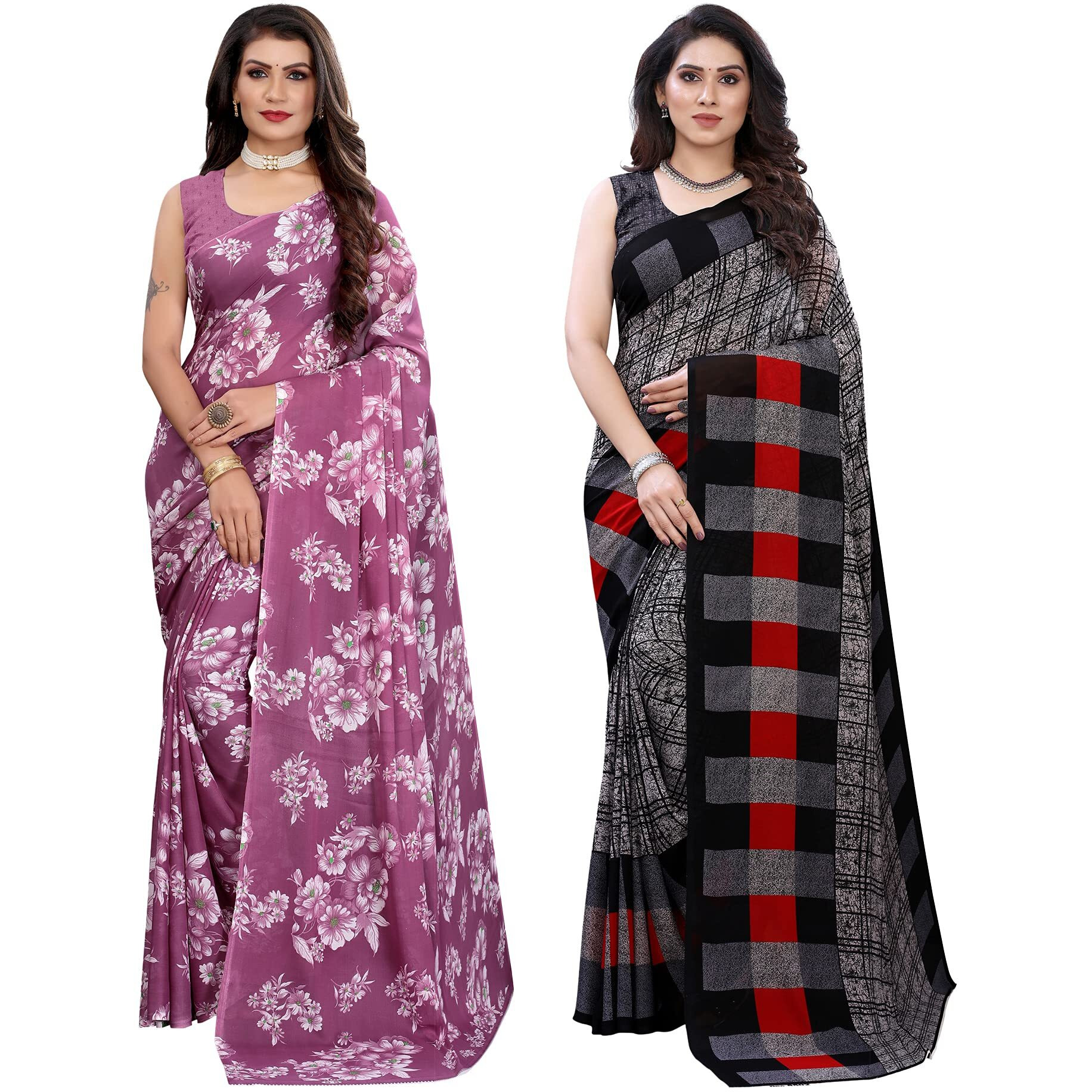 SIRIL Womens Floral Printed Georgette Saree with Blouse Combo Pack Of 2(2024S566_1989S385_Purple||Grey1)