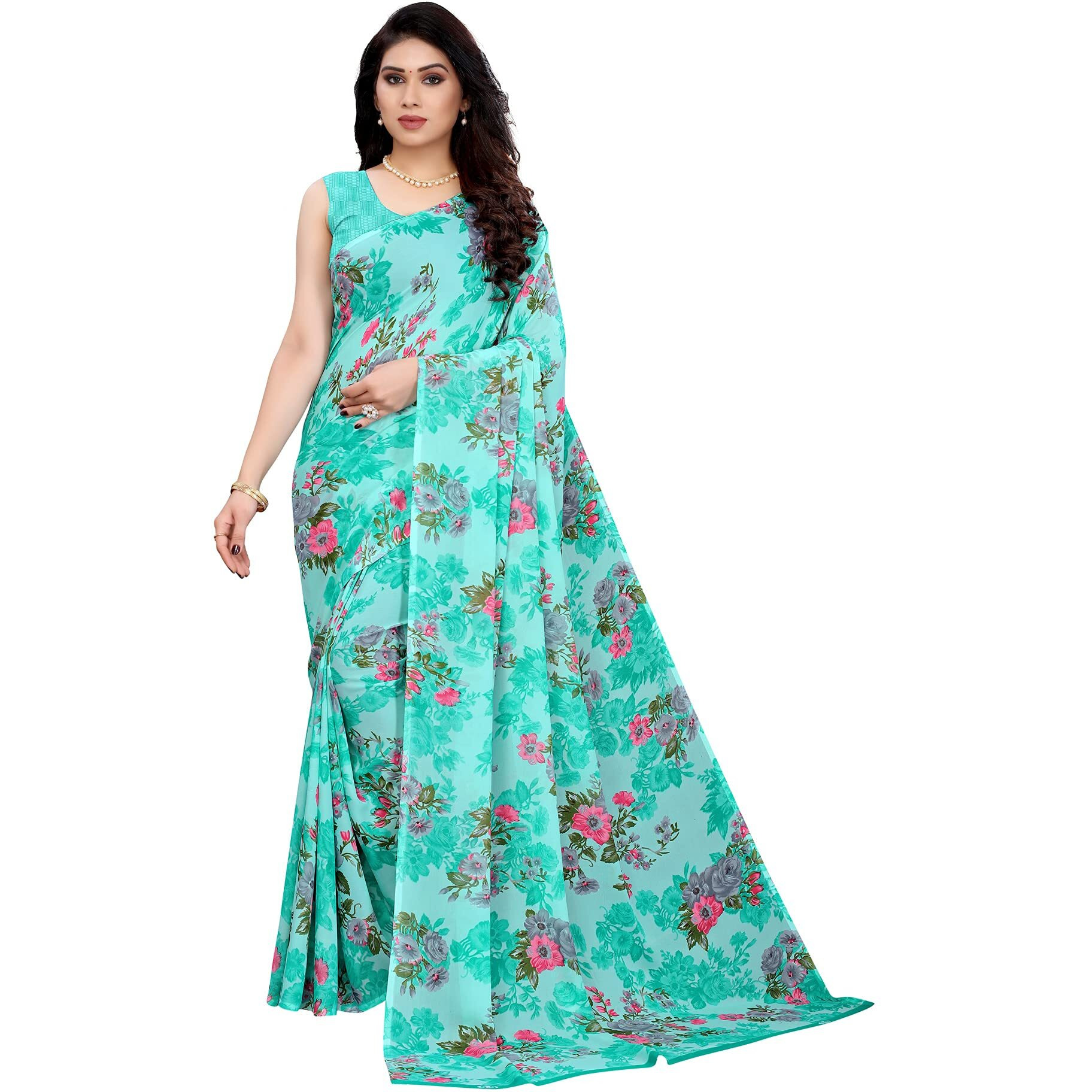 SIRIL Womens Floral Printed Georgette Saree with Blouse Combo Pack Of 2(2041S576_1955S348_Light Blue||Red)