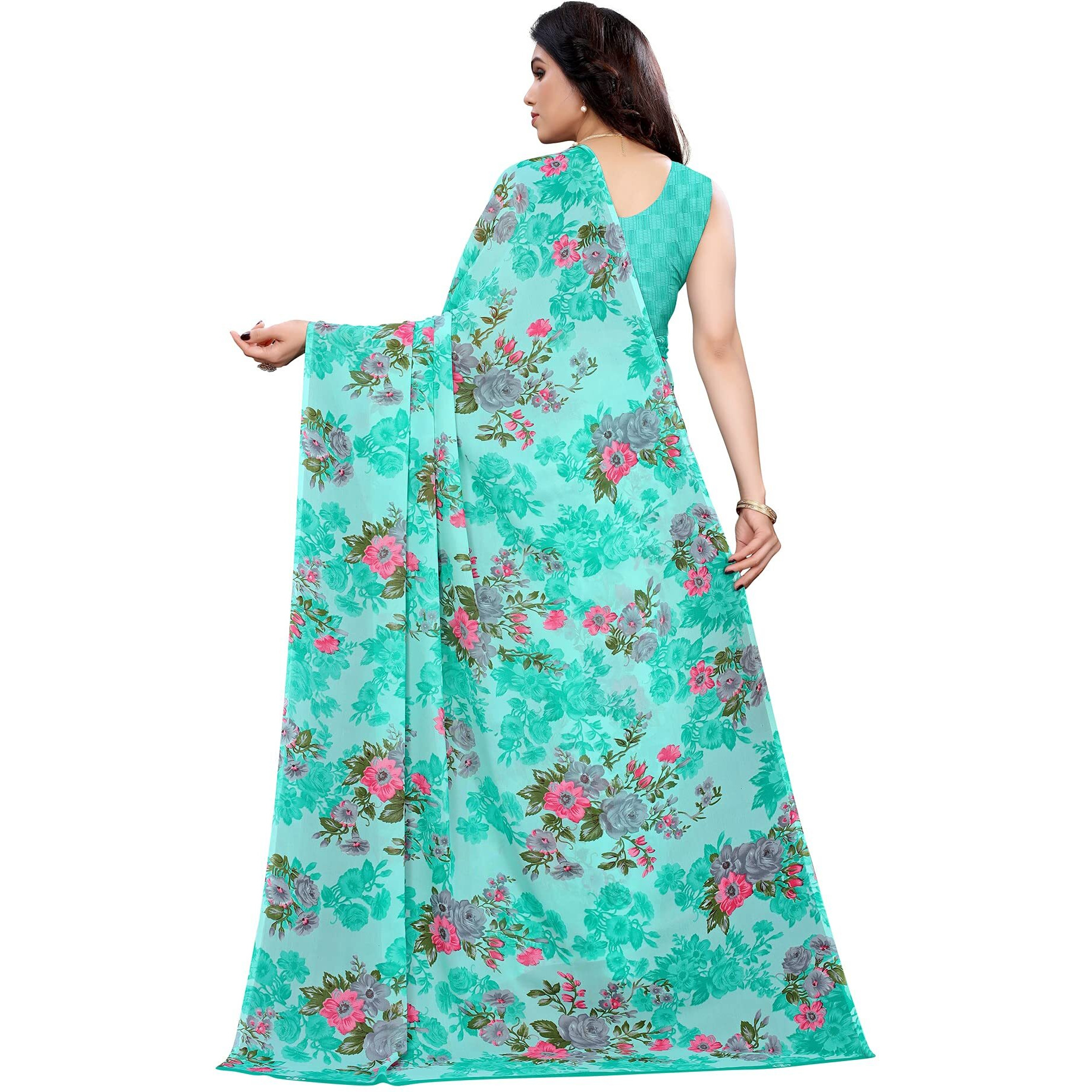 SIRIL Womens Floral Printed Georgette Saree with Blouse Combo Pack Of 2(2041S576_1955S348_Light Blue||Red)