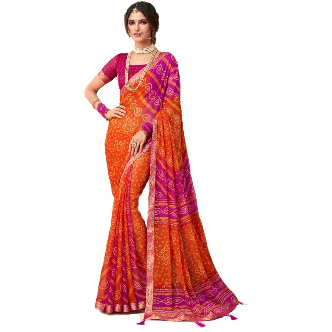 Jaanvi fashion Womens Plain Weave Pure Chiffon Saree With Blouse Piece (classical-12405-d-re_Orange)