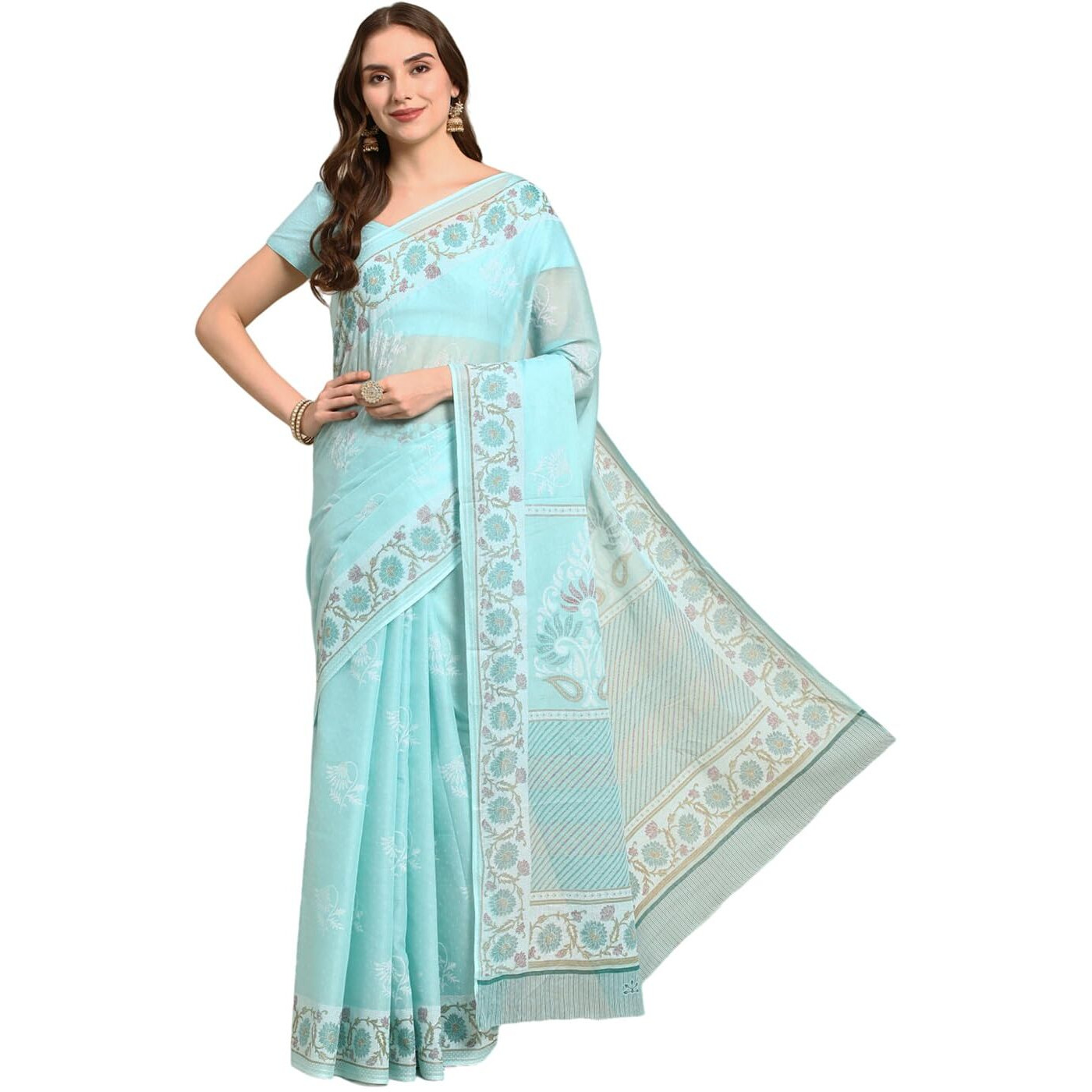 RATAN Pure Cotton Printed Mulmul Saree for Women with Blouse Piece (BGM-BP-5874_Sea Blue)