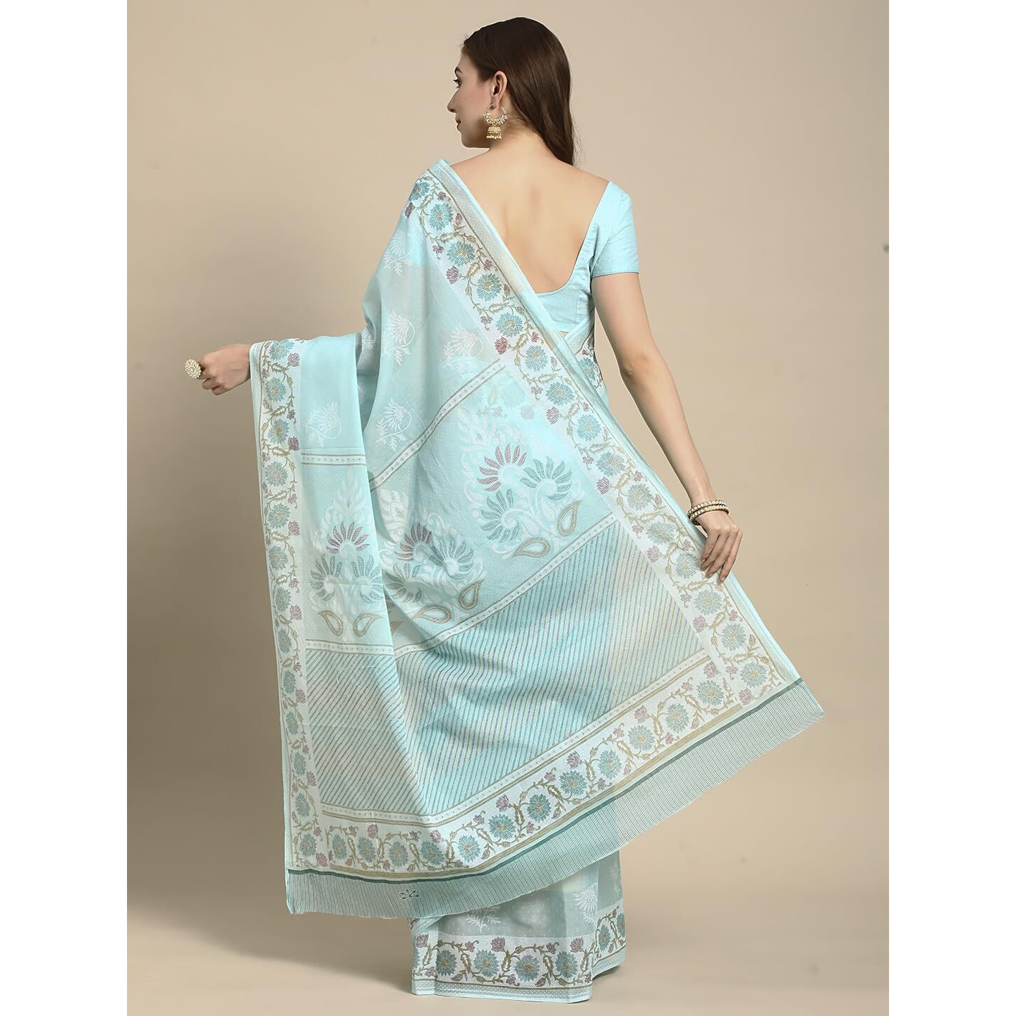 RATAN Pure Cotton Printed Mulmul Saree for Women with Blouse Piece (BGM-BP-5874_Sea Blue)