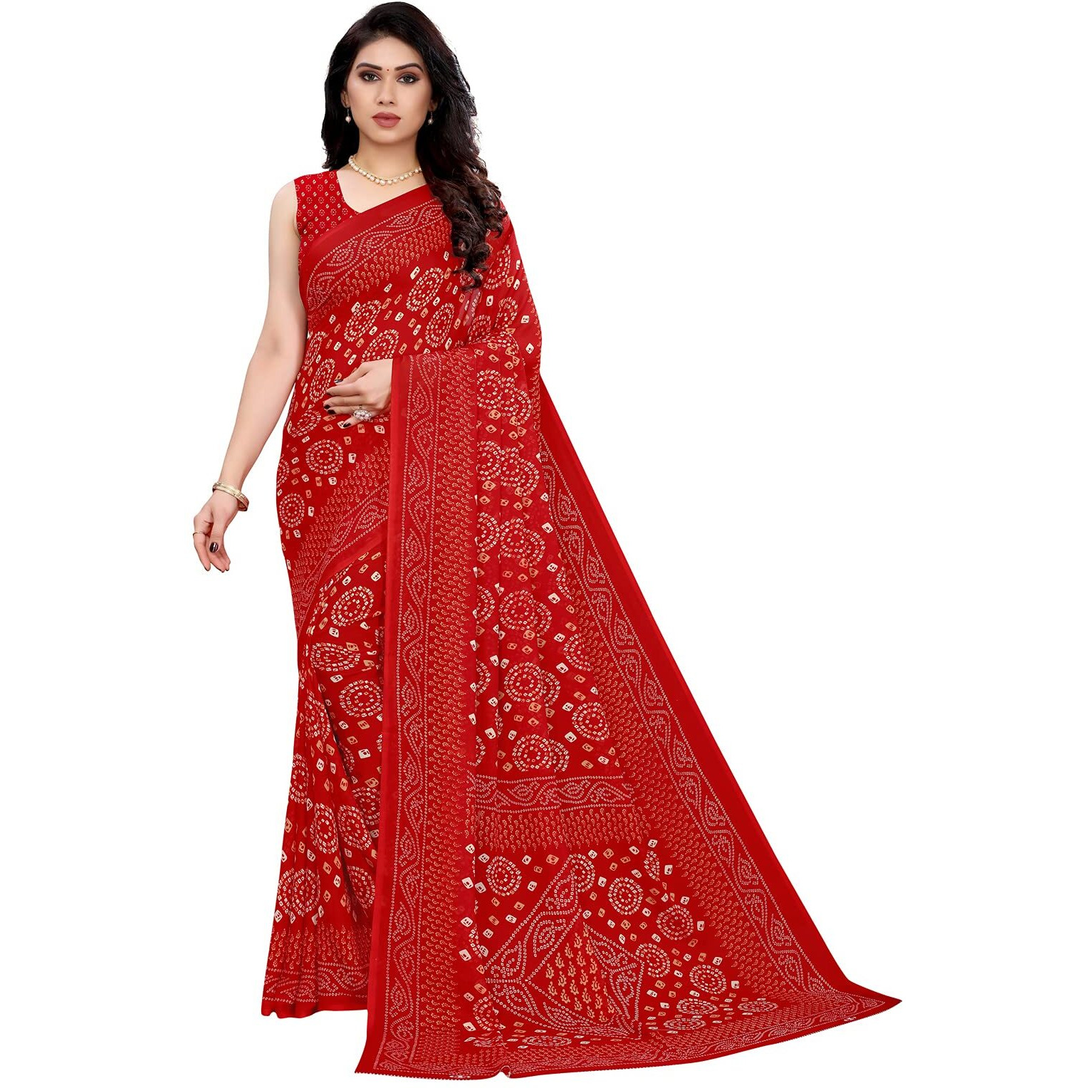 SIRIL Womens Georgette Bandhani Printed Saree with Blouse(2041S571_Red)