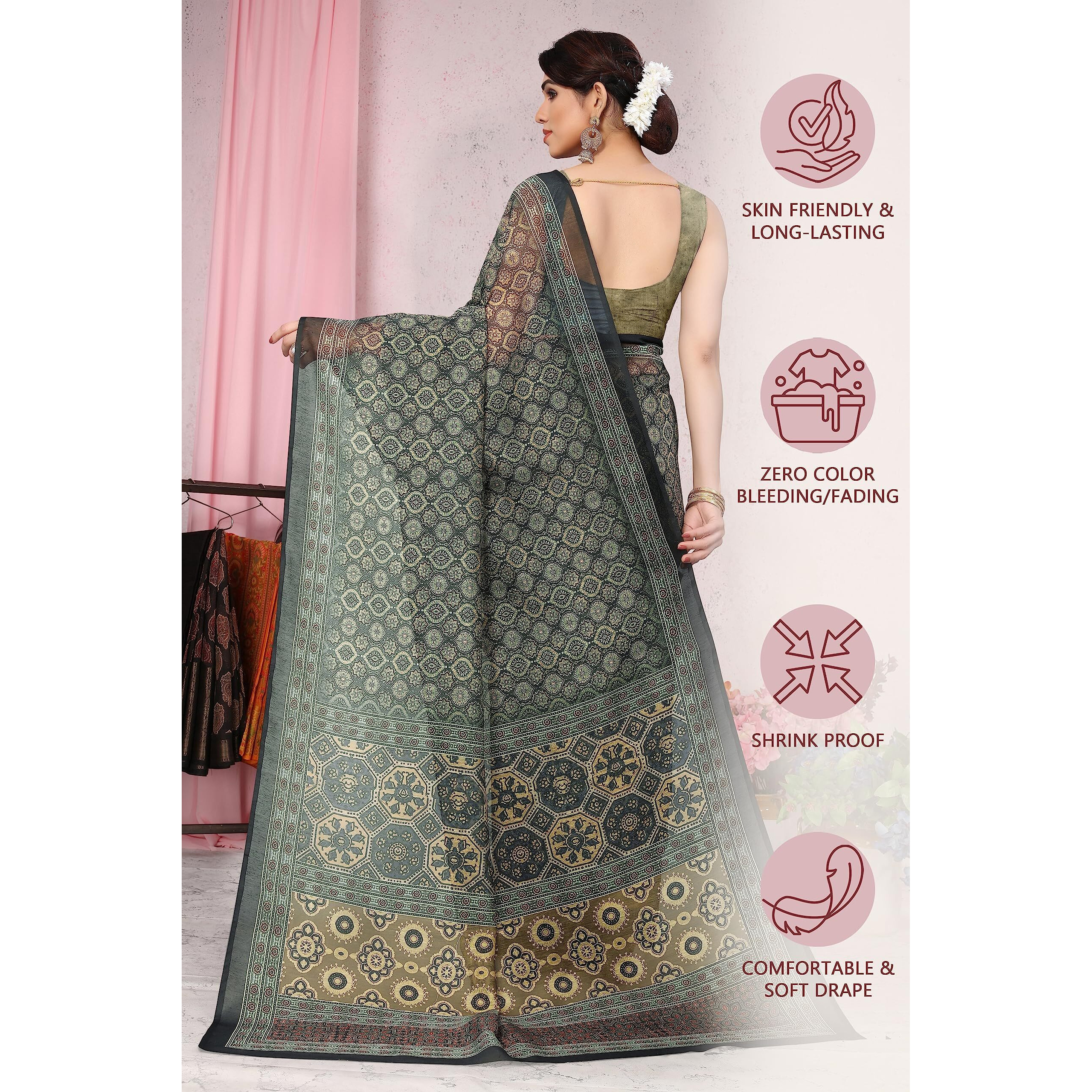 MIRCHI FASHION Womens Plain Weave Cotton Blend Ajrak Print Saree with Blouse Piece (37694-Grey, Green)