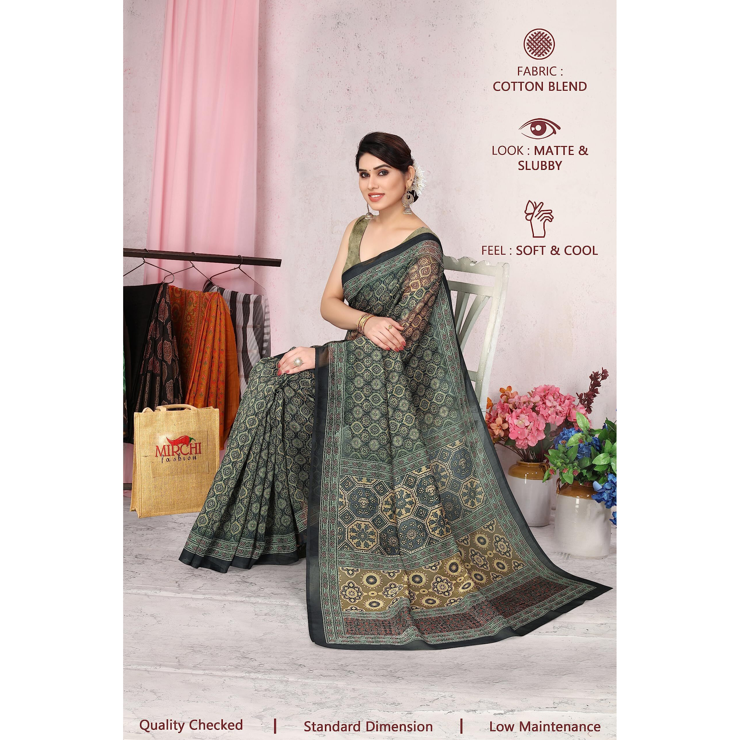 MIRCHI FASHION Womens Plain Weave Cotton Blend Ajrak Print Saree with Blouse Piece (37694-Grey, Green)
