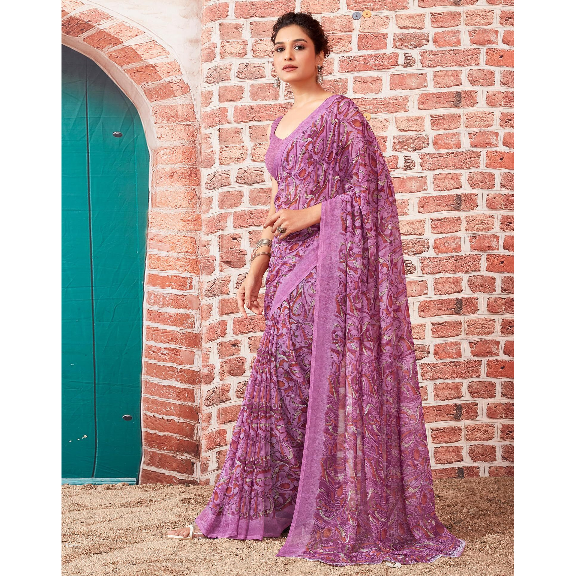SIRIL Womens Georgette Printed Saree With Unstitched Blouse Piece (3448S1088_Light Pink)