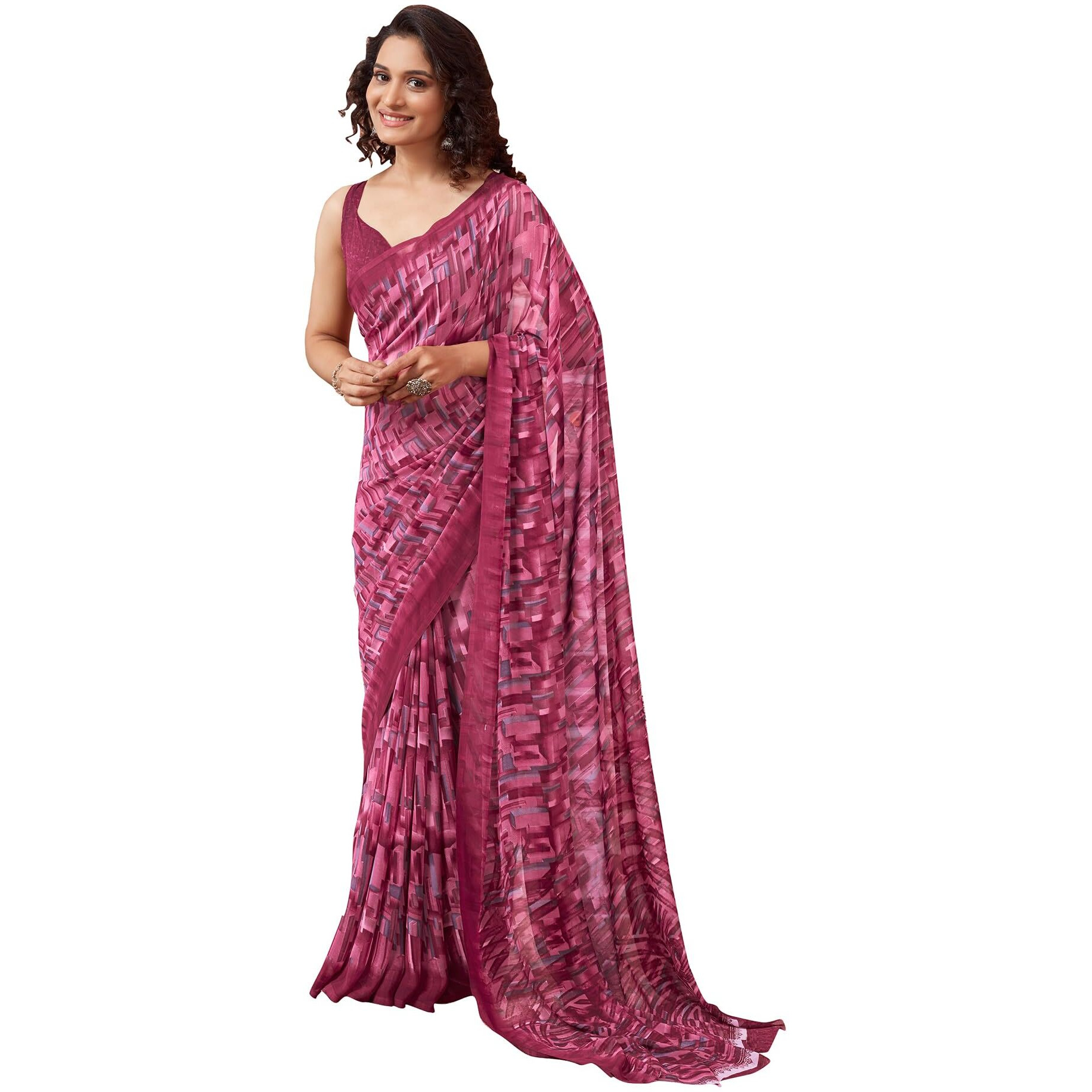 SIRIL Womens Georgette Geometric Printed Saree With Unstitched Blouse Piece (3448S1089_Pink)