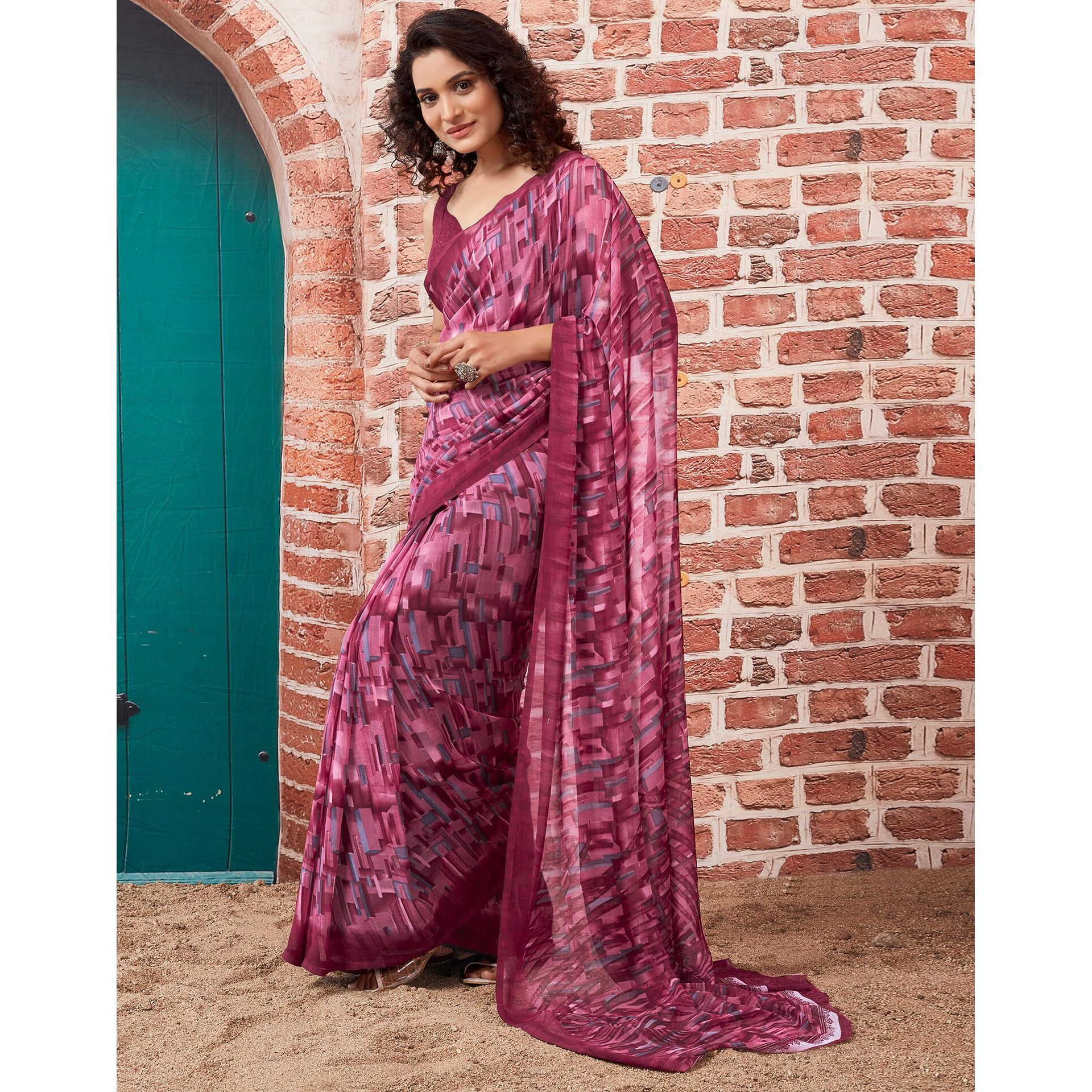 SIRIL Womens Georgette Geometric Printed Saree With Unstitched Blouse Piece (3448S1089_Pink)