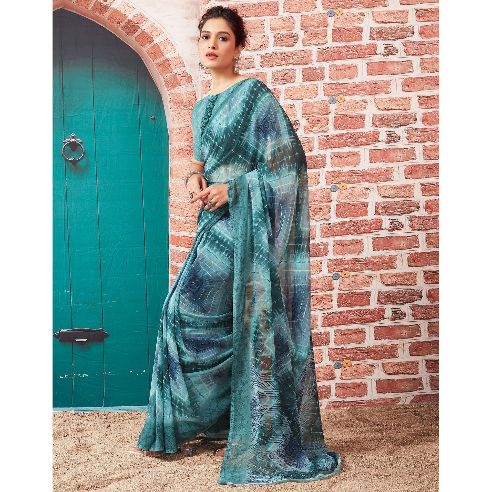 SIRIL Womens Georgette Geometric Printed Saree With Unstitched Blouse Piece (3448S1086_Light Blue)