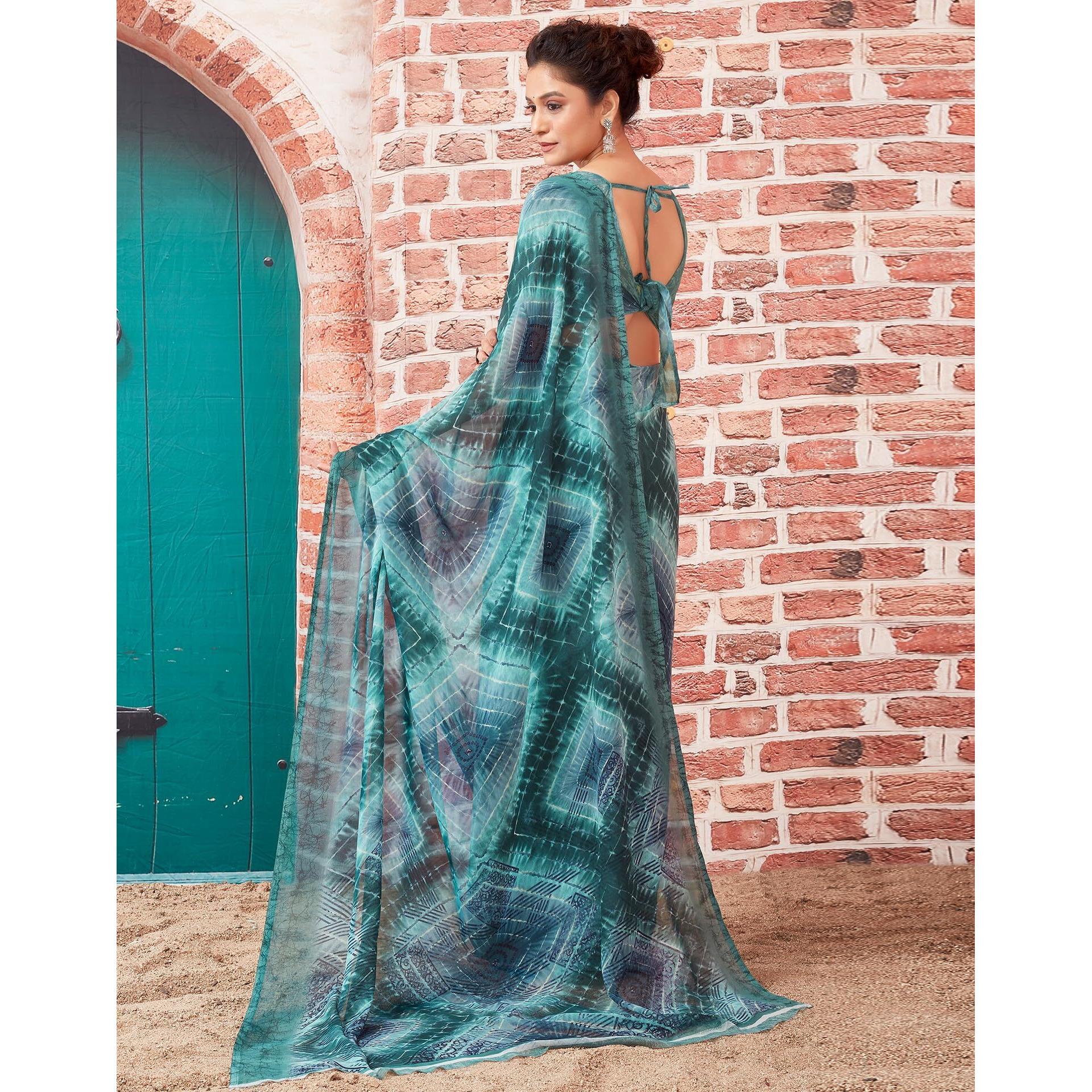 SIRIL Womens Georgette Geometric Printed Saree With Unstitched Blouse Piece (3448S1086_Light Blue)