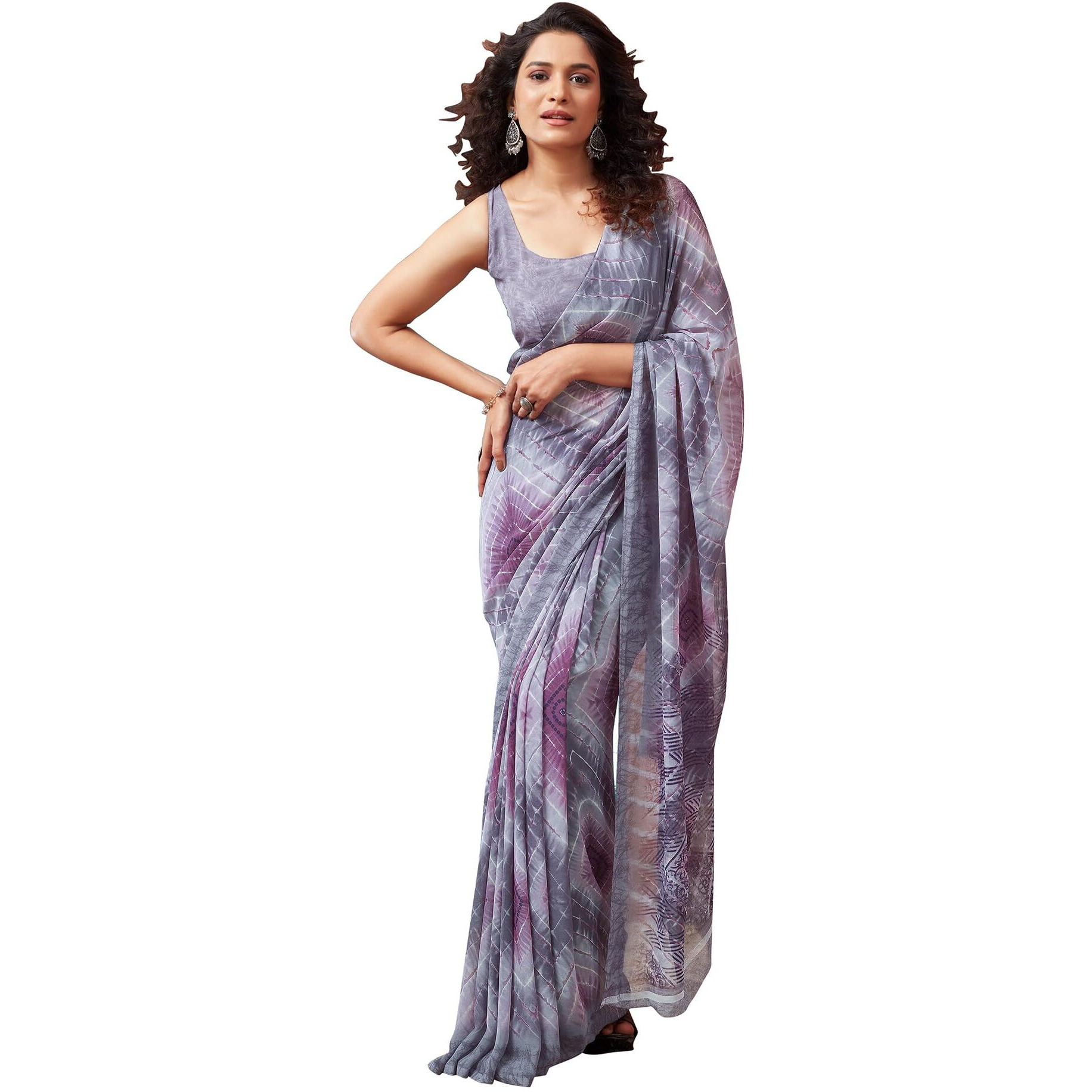 SIRIL Womens Georgette Geometric Printed Saree With Unstitched Blouse Piece (3448S1085_Grey)