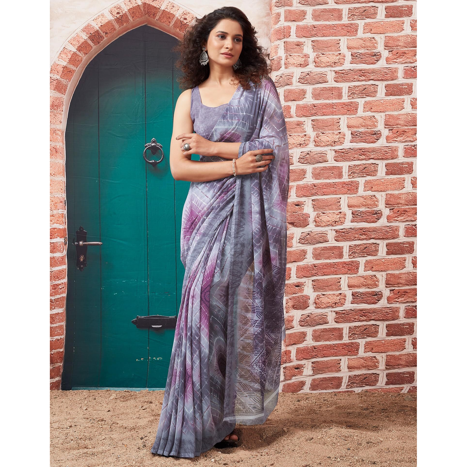 SIRIL Womens Georgette Geometric Printed Saree With Unstitched Blouse Piece (3448S1085_Grey)