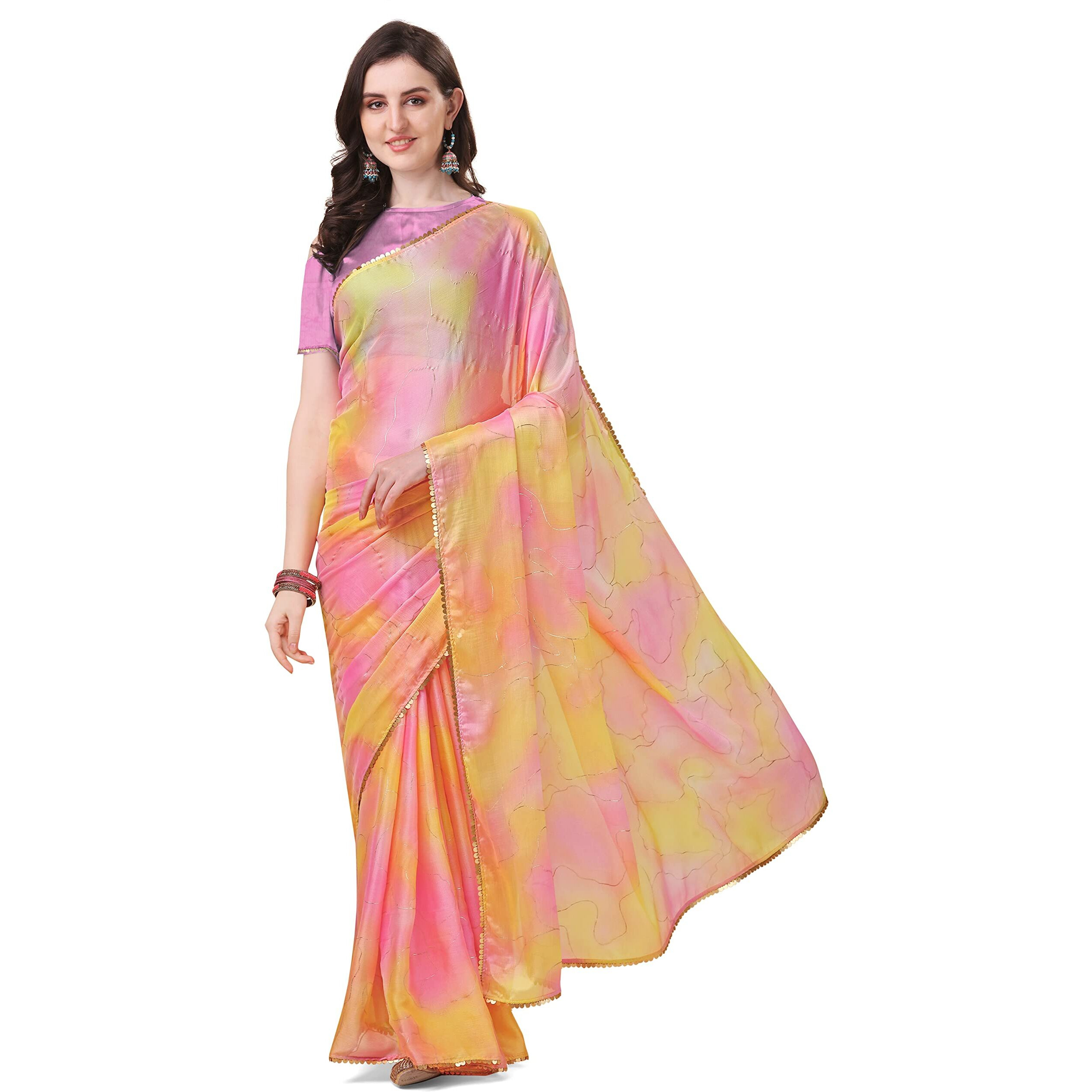 MIRCHI FASHION Womens Plain Weave Chiffon Colorblock Foil Printed Saree with Blouse Piece (37535-Yellow, Pink)