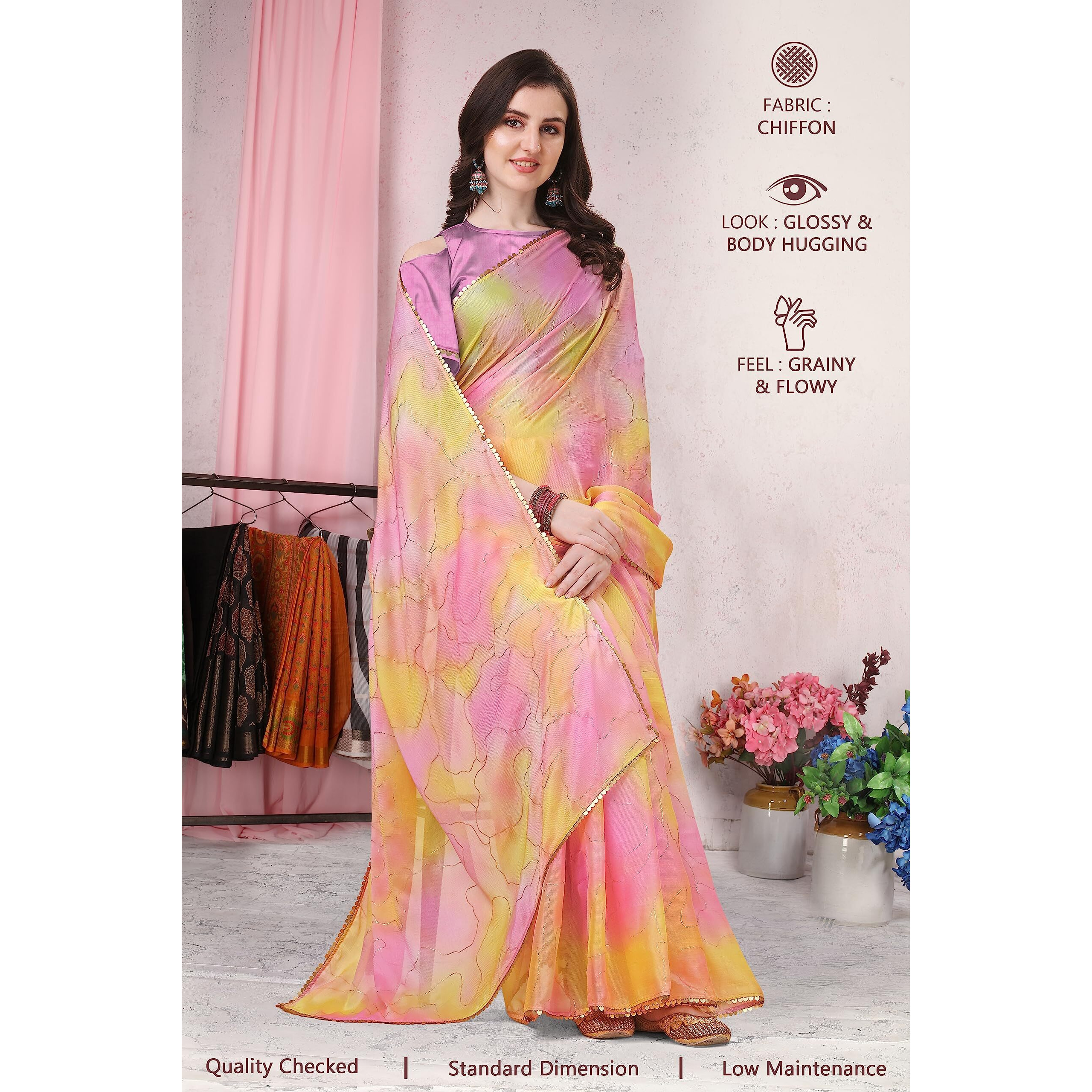MIRCHI FASHION Womens Plain Weave Chiffon Colorblock Foil Printed Saree with Blouse Piece (37535-Yellow, Pink)