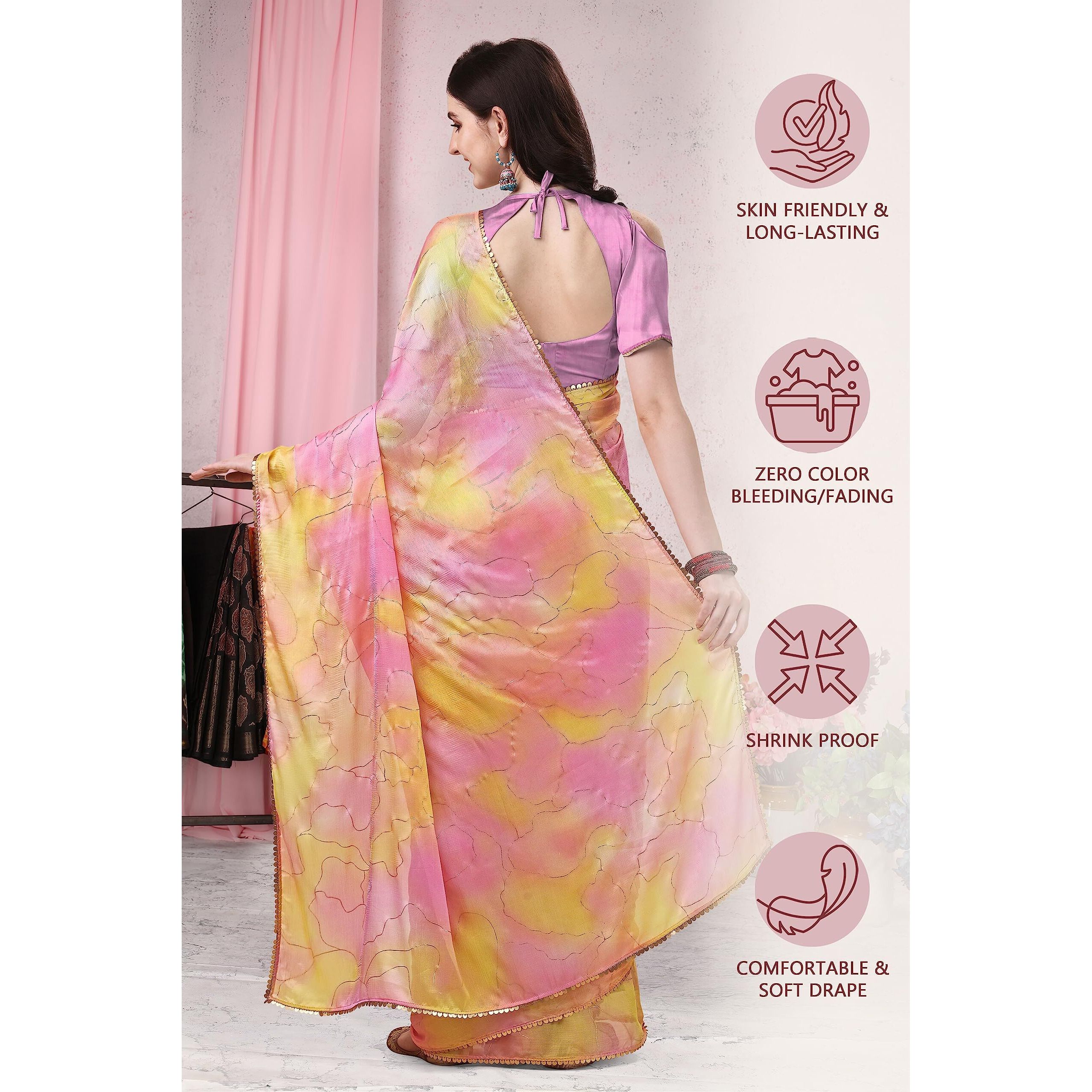 MIRCHI FASHION Womens Plain Weave Chiffon Colorblock Foil Printed Saree with Blouse Piece (37535-Yellow, Pink)