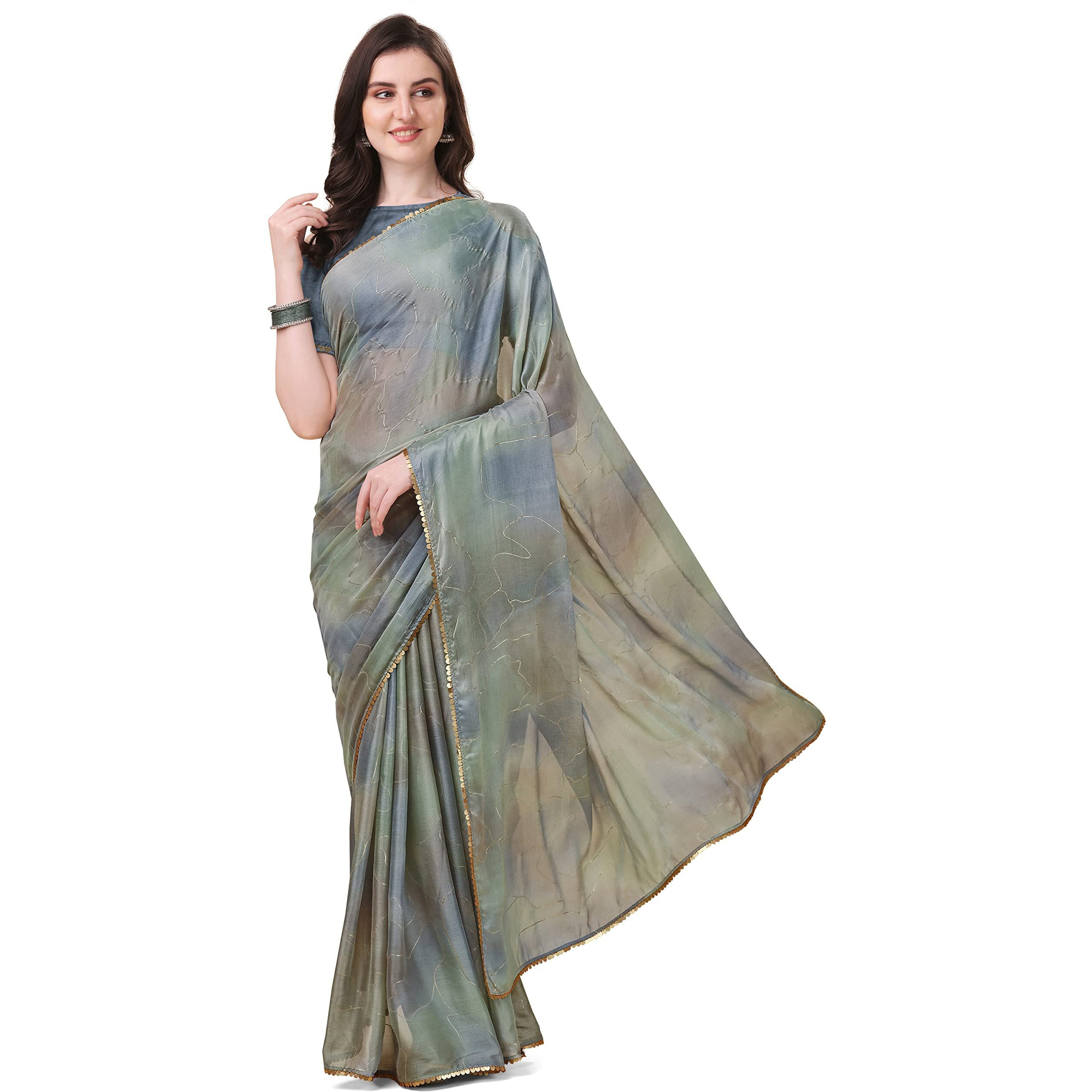 MIRCHI FASHION Womens Plain Weave Chiffon Colorblock Foil Printed Saree with Blouse Piece (37533-Grey, Dusty Green)