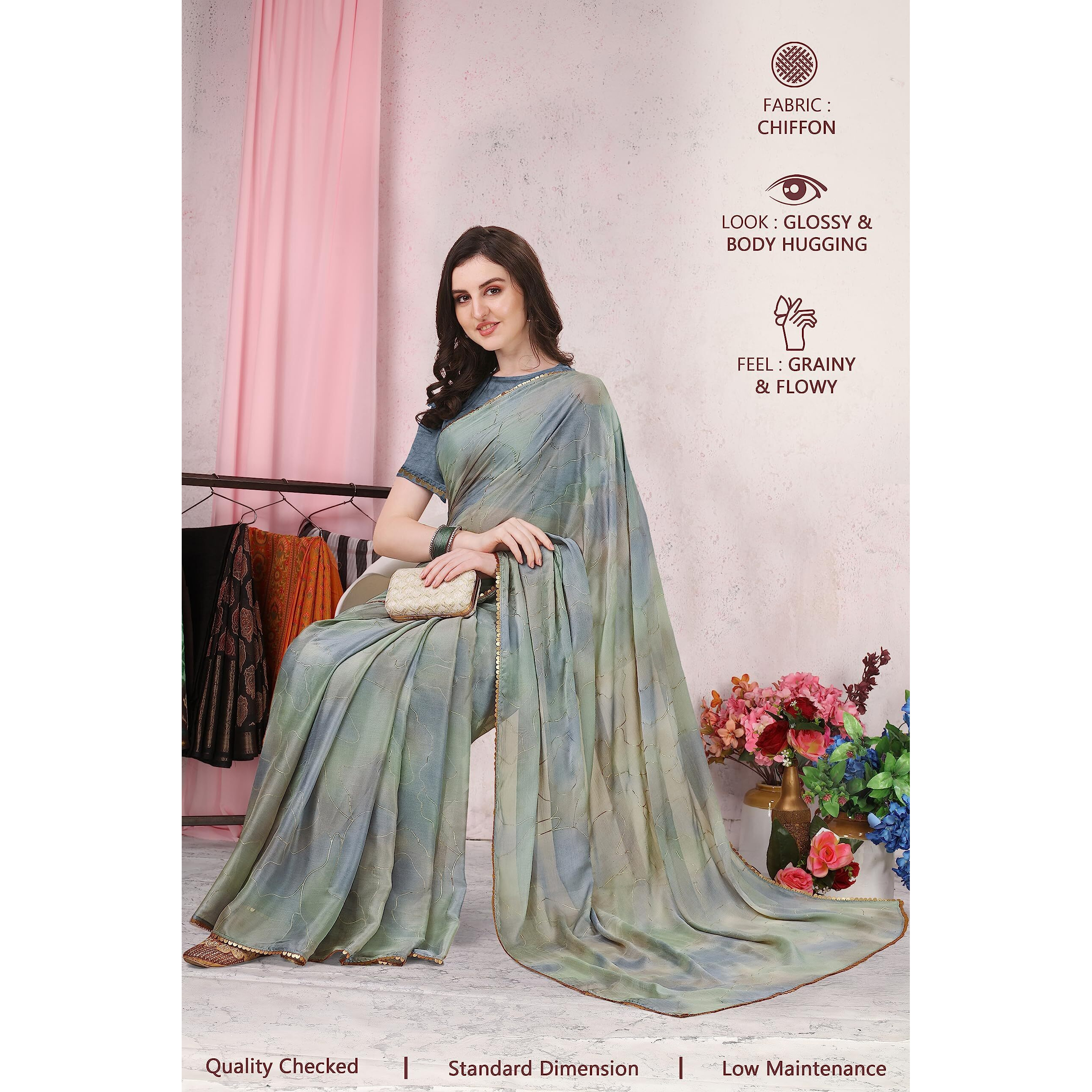 MIRCHI FASHION Womens Plain Weave Chiffon Colorblock Foil Printed Saree with Blouse Piece (37533-Grey, Dusty Green)
