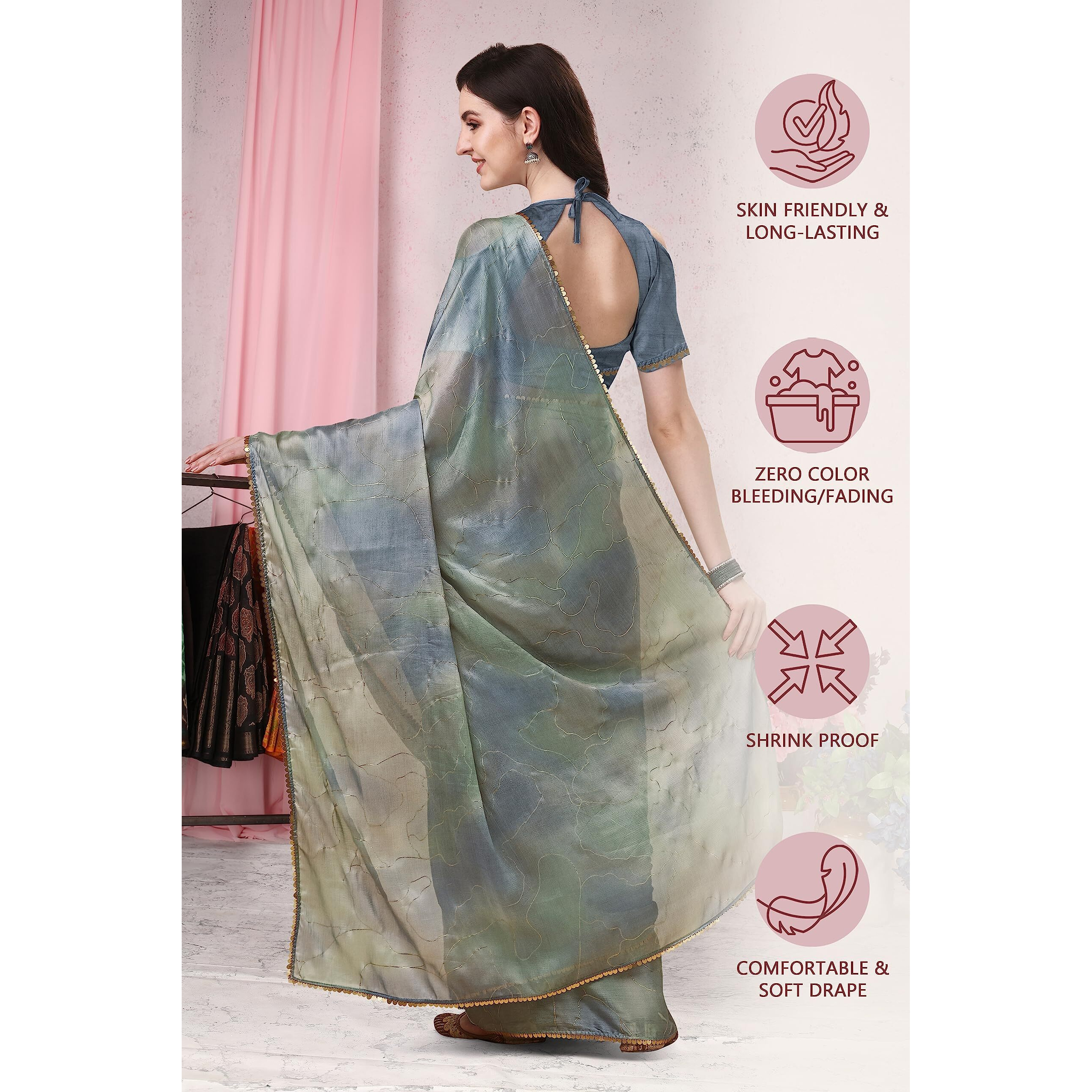 MIRCHI FASHION Womens Plain Weave Chiffon Colorblock Foil Printed Saree with Blouse Piece (37533-Grey, Dusty Green)