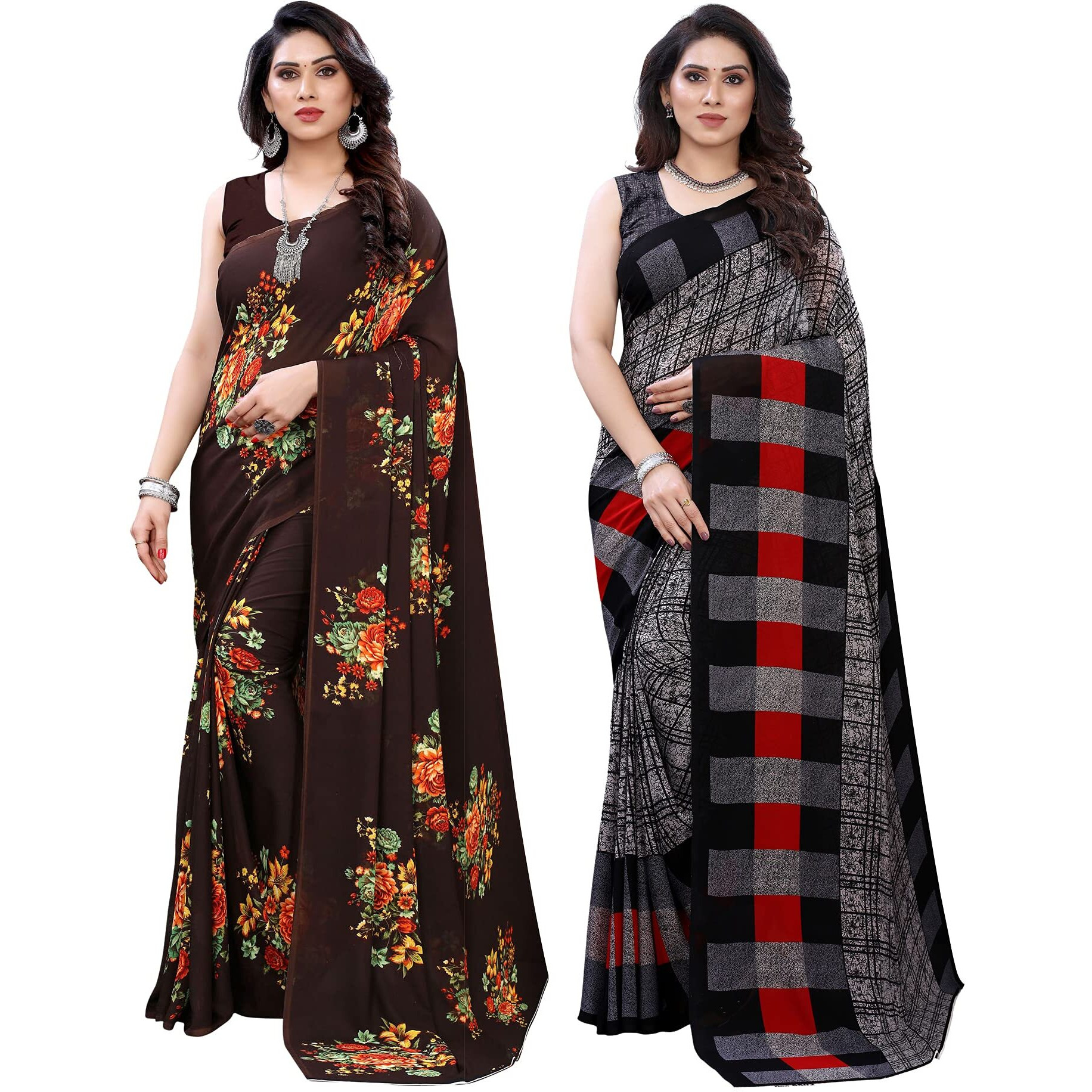SIRIL Womens Floral Printed Georgette Saree with Blouse Combo Pack Of 2(1955S345_1989S385_Brown||Grey1)