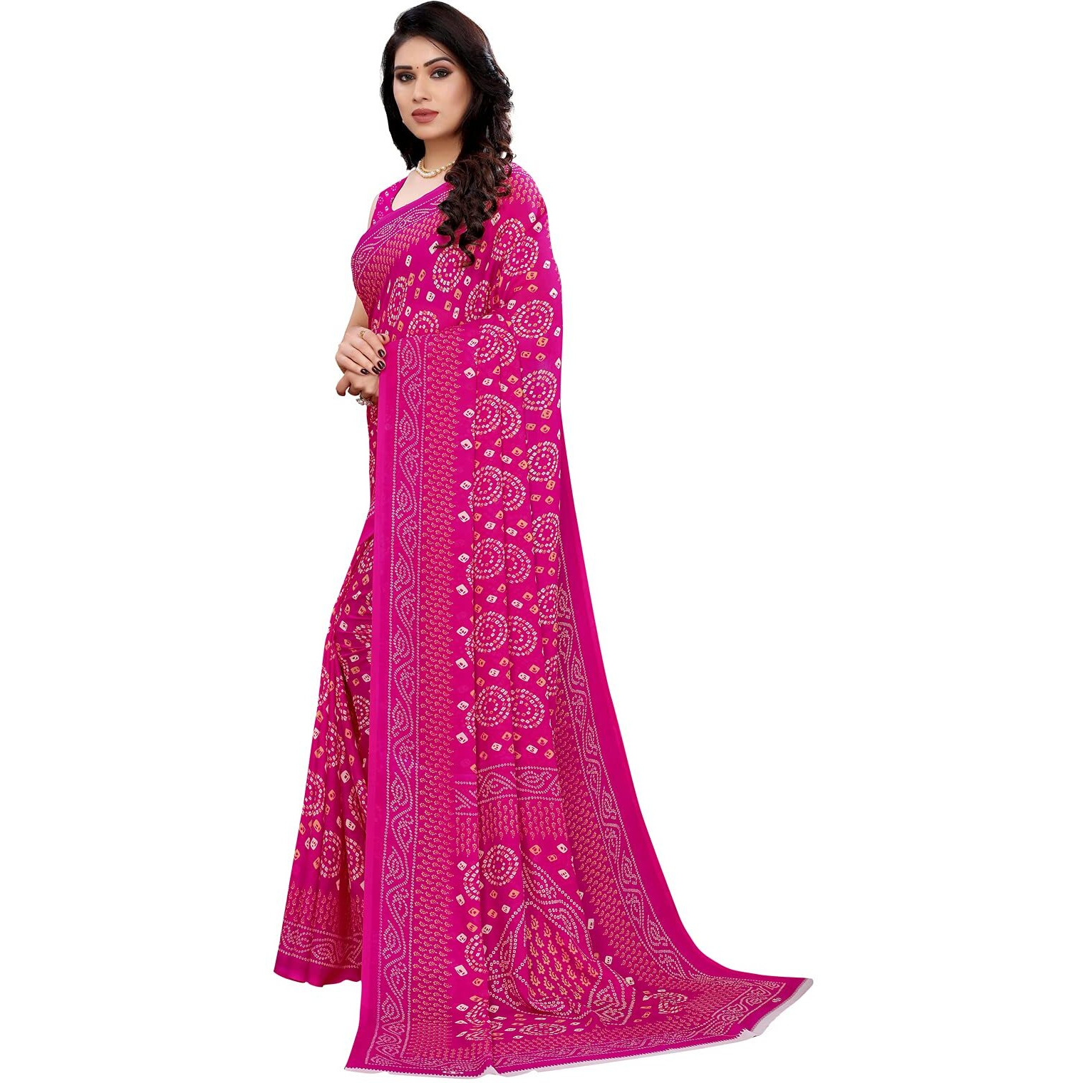 SIRIL Womens Georgette Bandhani Printed Saree with Blouse(2041S574_Pink)