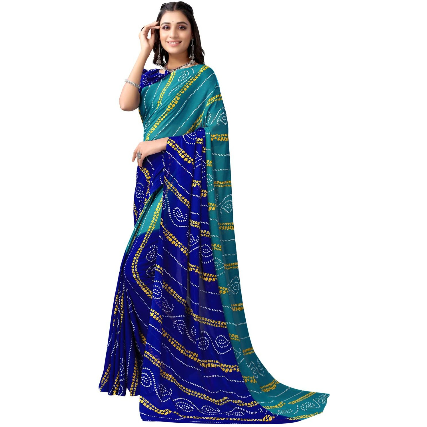 SIRIL Womens Bandhani Printed Georgette Saree with Unstitched Blouse Piece(2351S822_Teal Blue, Blue)