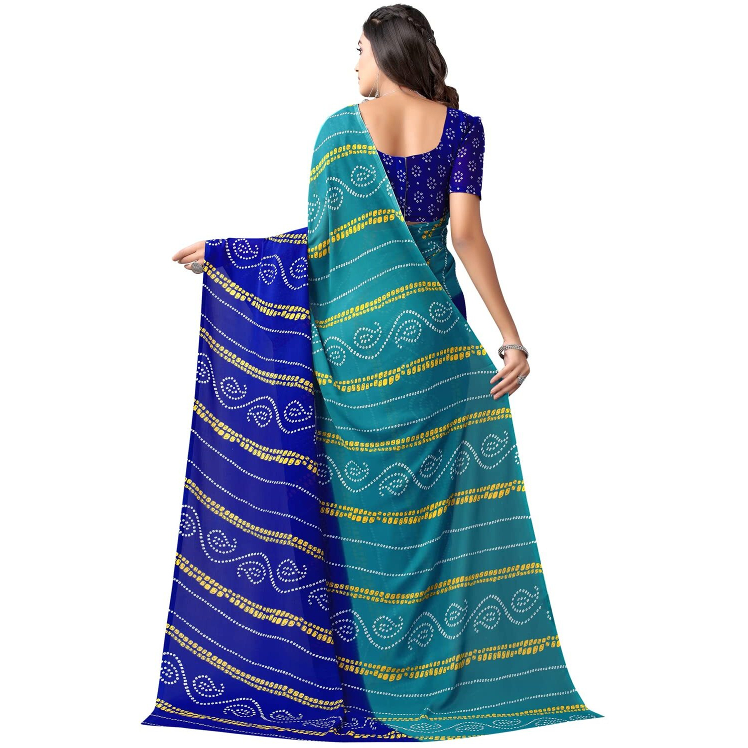 SIRIL Womens Bandhani Printed Georgette Saree with Unstitched Blouse Piece(2351S822_Teal Blue, Blue)