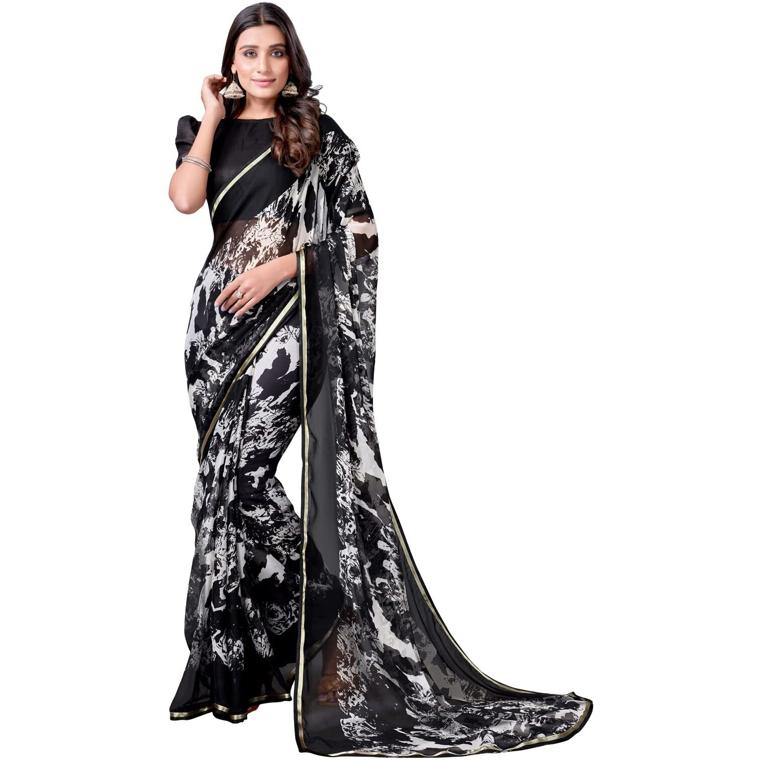 SIRIL Womens Lace & Polka Printed Chiffon Saree with Unstitched Blouse Piece(2219S209_Black & White)
