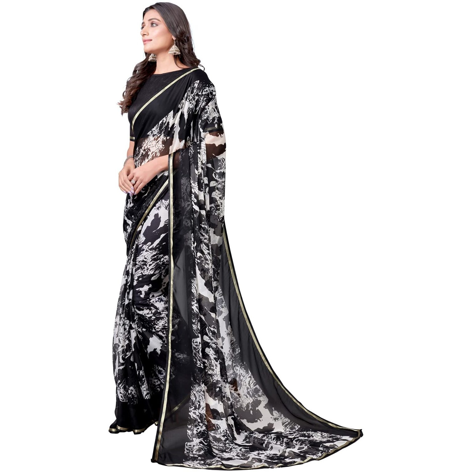 SIRIL Womens Lace & Polka Printed Chiffon Saree with Unstitched Blouse Piece(2219S209_Black & White)