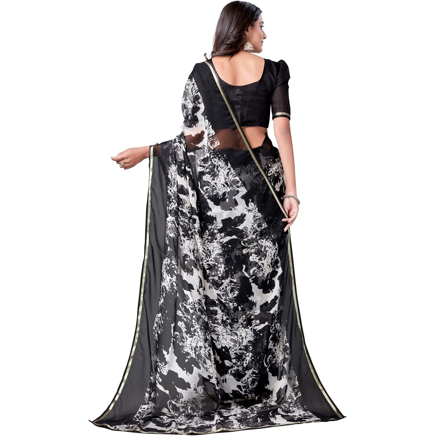 SIRIL Womens Lace & Polka Printed Chiffon Saree with Unstitched Blouse Piece(2219S209_Black & White)